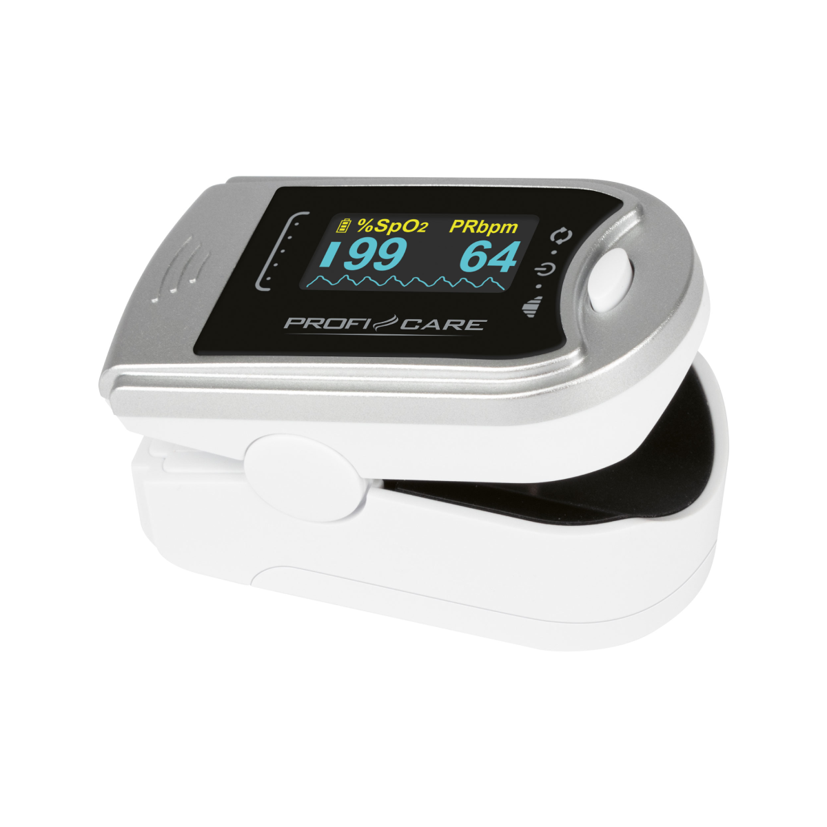 Digitales Pulsoximeter mit SpO2- und PRbpm-Werten.