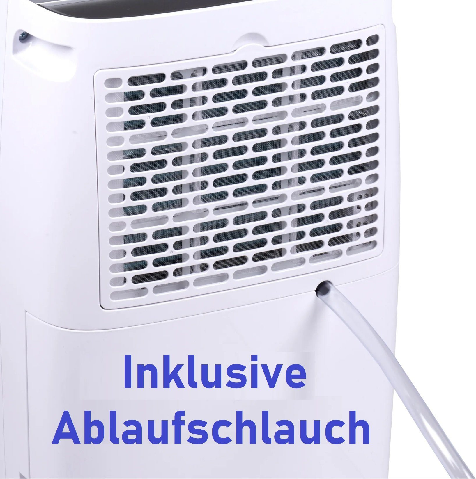 Weißer Luftentfeuchter mit Filter und Schlauch mit der Aufschrift 'Ablaufschlauch'.