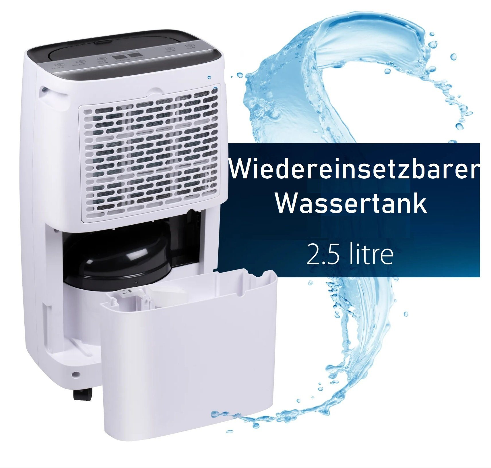 Weißer Luftentfeuchter mit Wassertank. Dahinter ist ein Wasserspritzer.