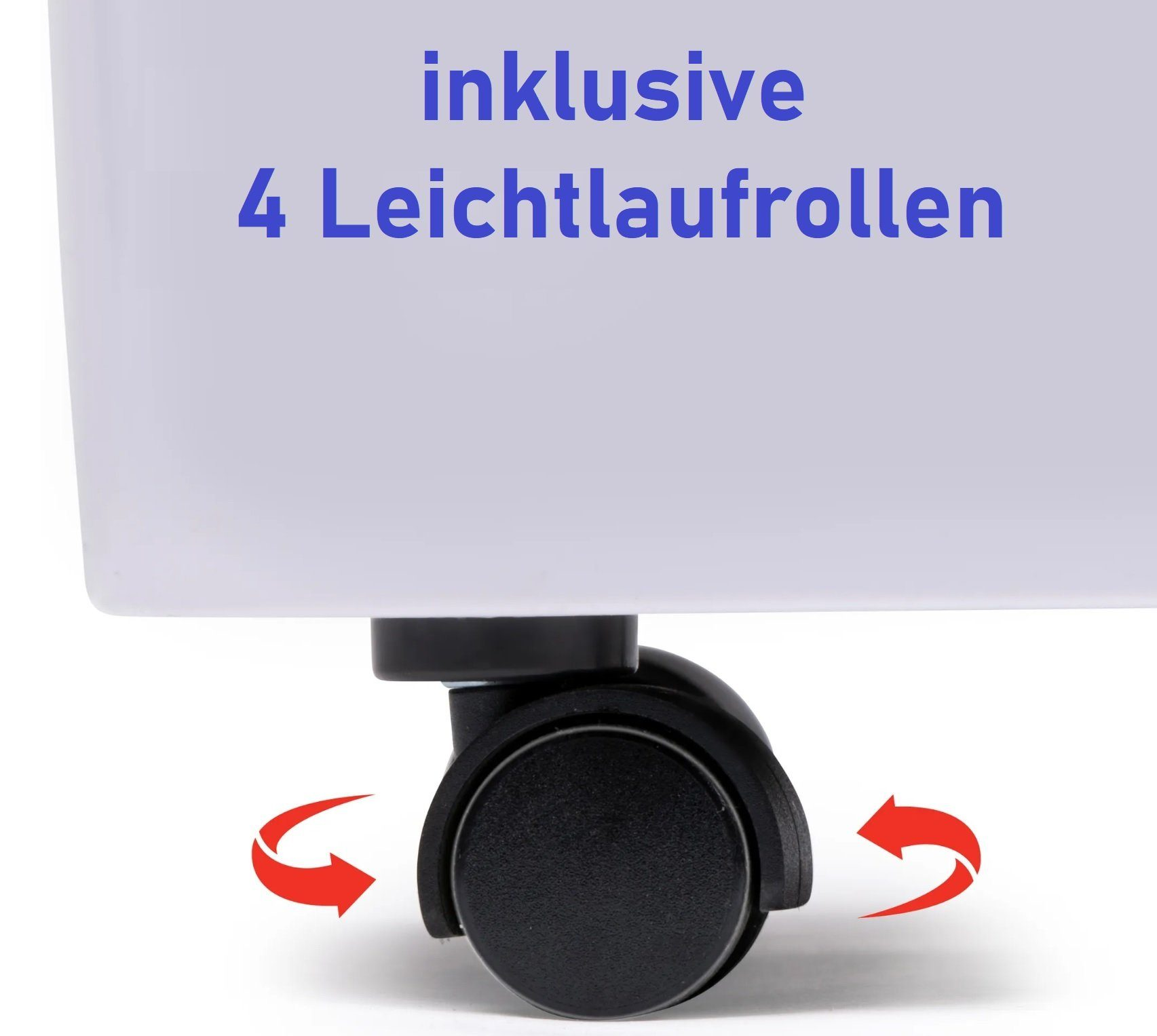 Ein weißer Behälter mit einem Rad, das die Drehrichtung des Rades zeigt.