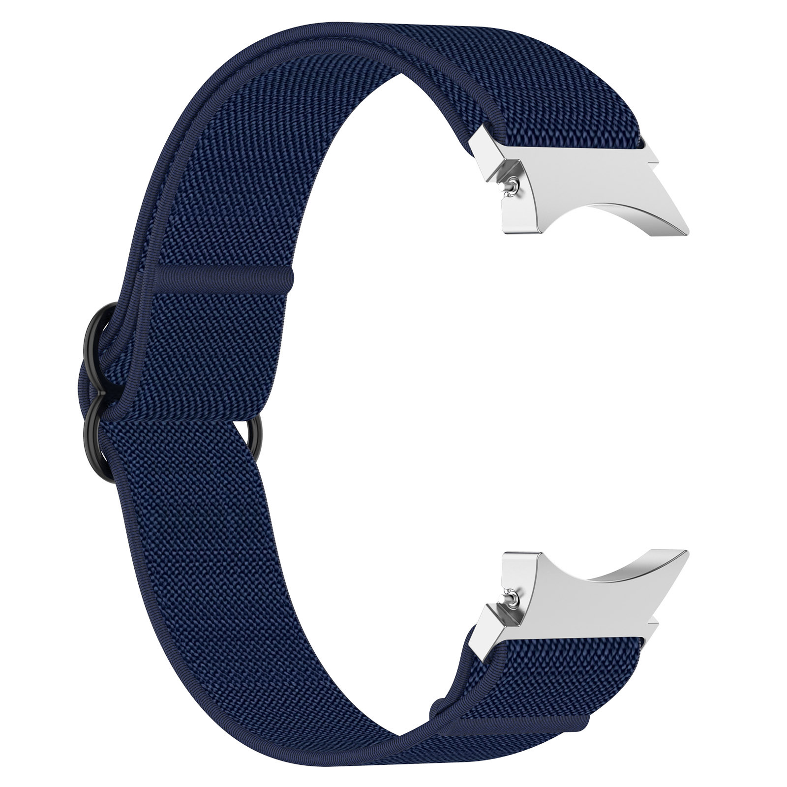 Marineblaues Uhrenarmband mit silbernen Anschlüssen und einer Schnalle.