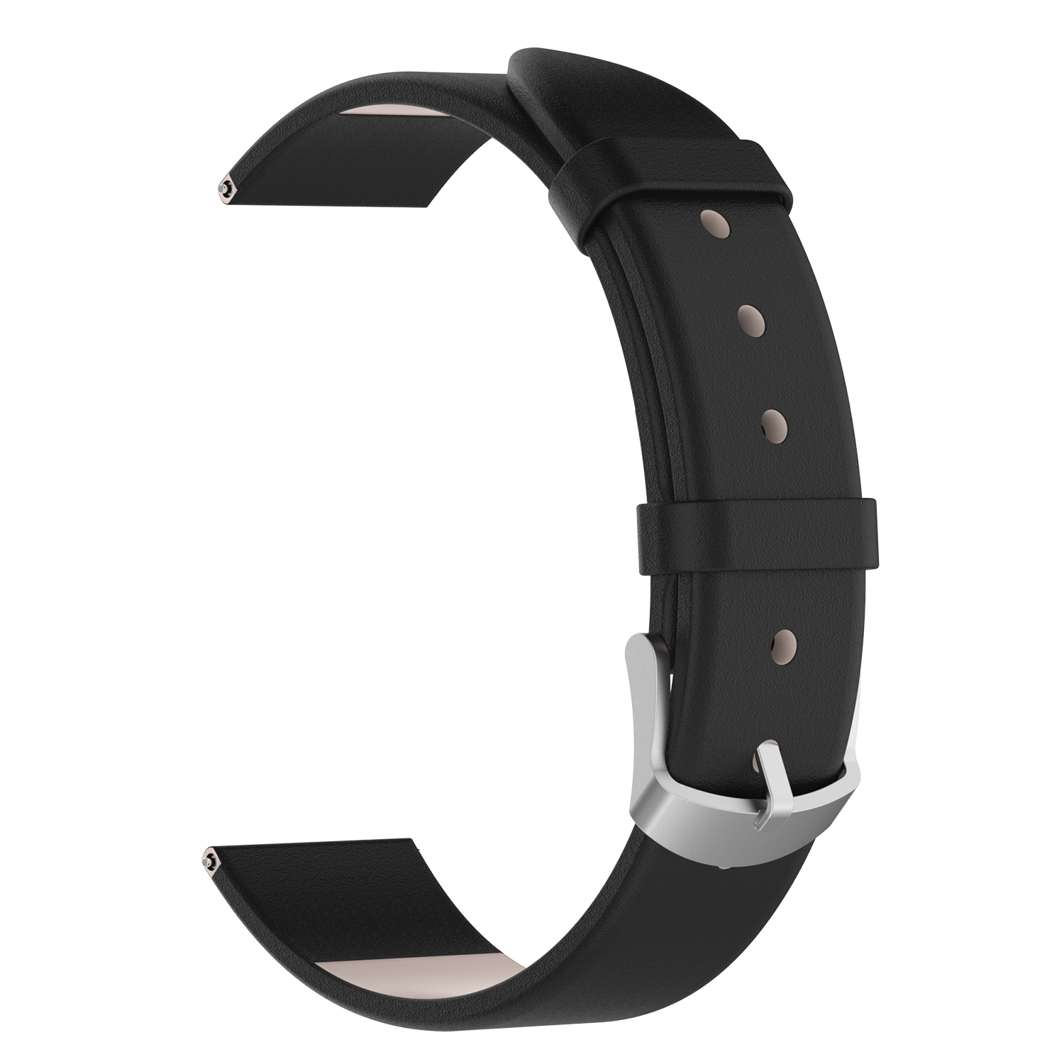 Ein schwarzes Lederarmband mit silberner Schnalle. Das Armband ist gebogen und hat eine glatte Textur.