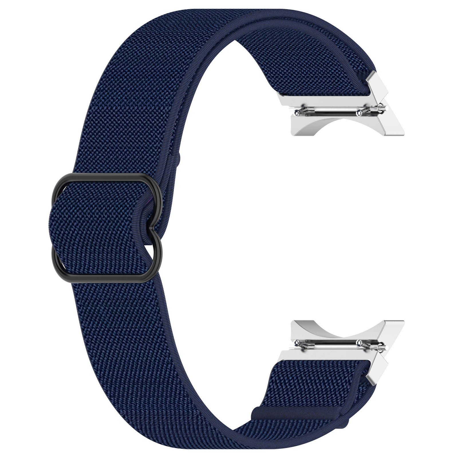 Marineblaues Uhrenarmband mit schwarzer Schnalle und silbernen Anschlüssen, gebogene Form.
