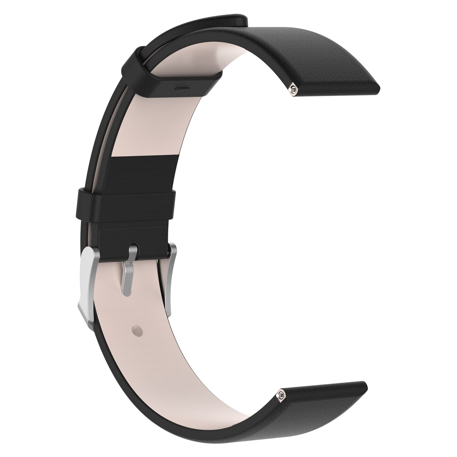 Schwarzes Uhrenarmband mit hellbeiger Innenfläche. Hat eine Metallschnalle.