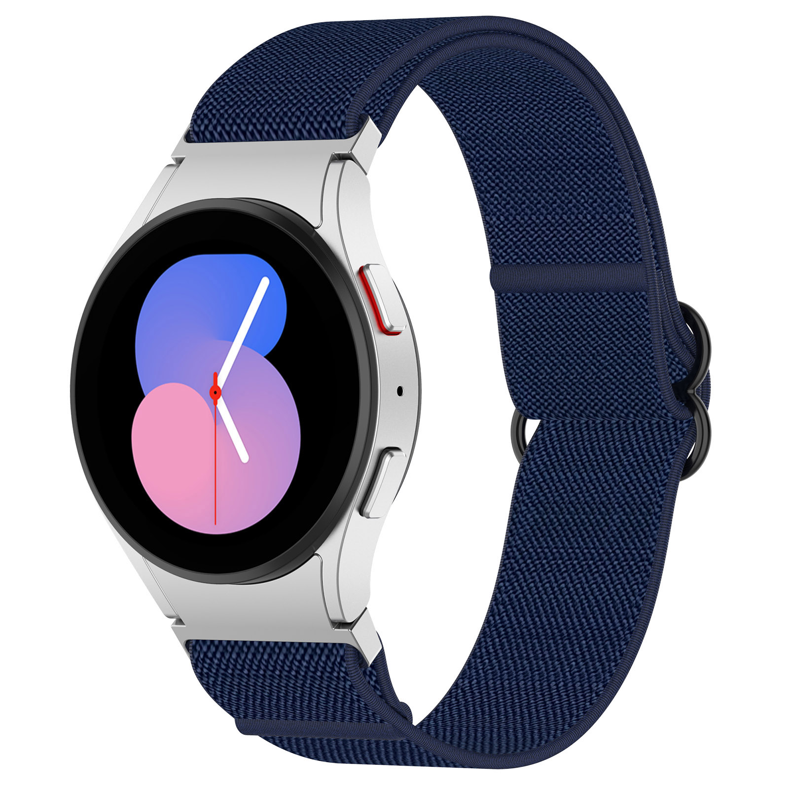 Eine silberne Smartwatch mit blauem Armband. Das Zifferblatt zeigt weiße Zeiger und blaue und rosa Formen.