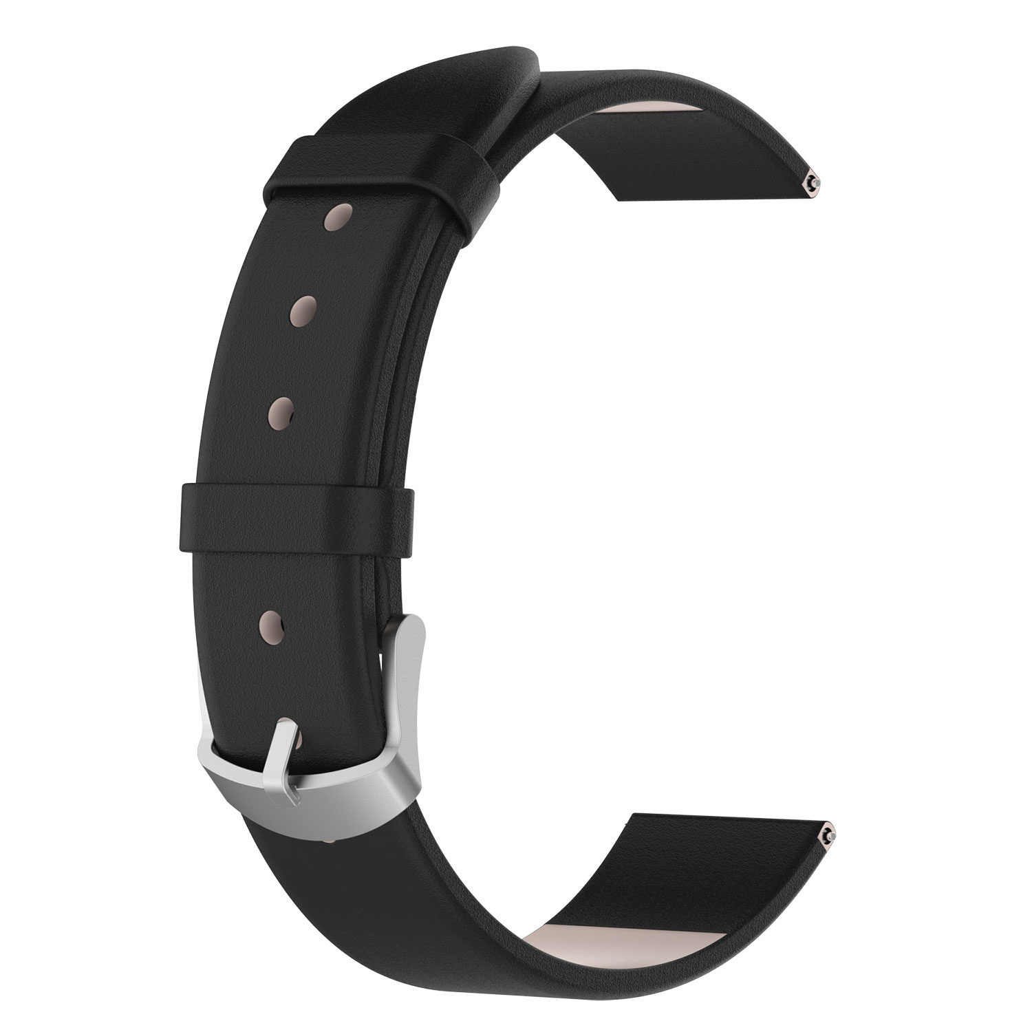 Schwarzes Leder-Uhrenarmband mit silberner Schnalle, auf weißem Hintergrund.