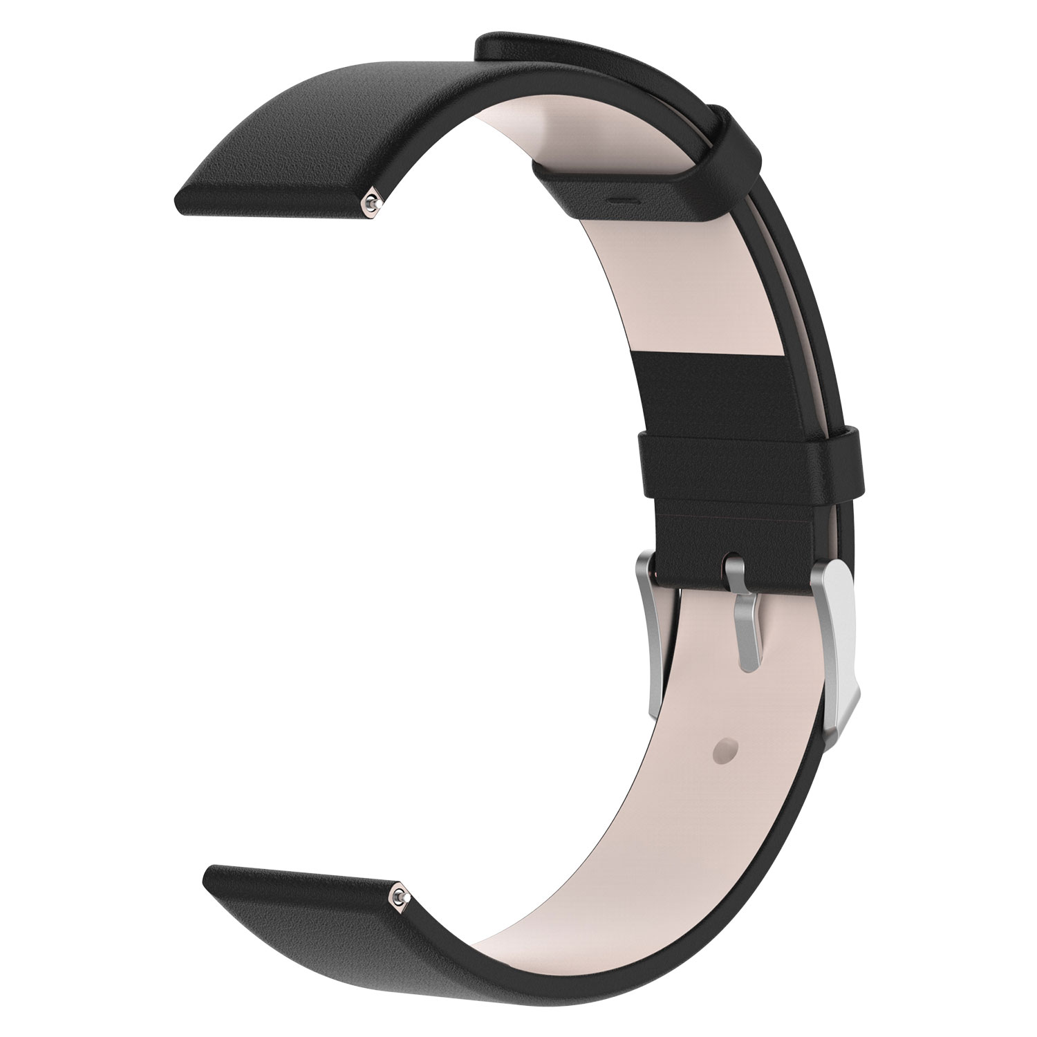 Ein schwarzes Uhrenarmband mit silberner Schnalle, das die Innenseite in hellbeige zeigt.