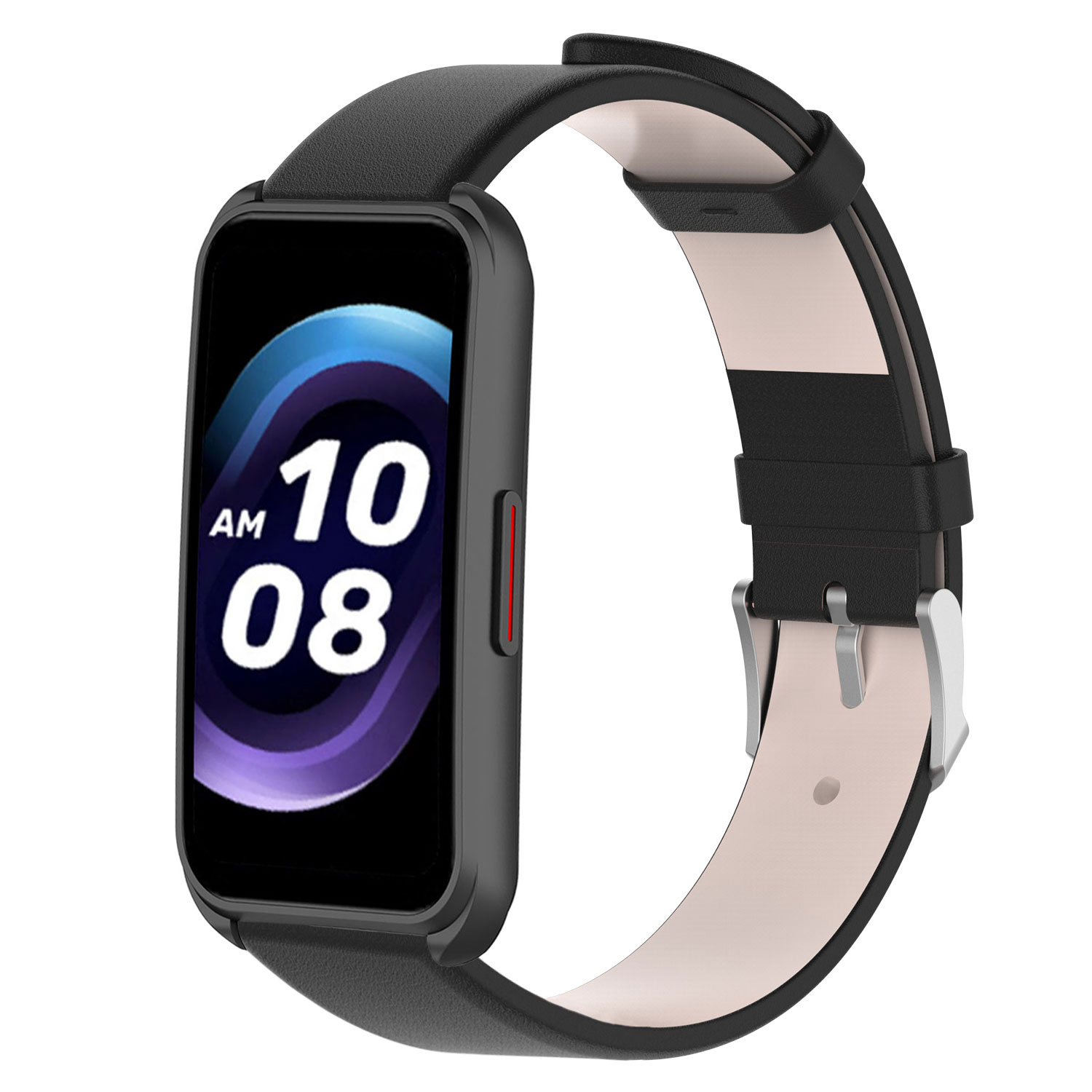 Schwarze Smartwatch mit rechteckigem Bildschirm und schwarzem Lederarmband, weißer Hintergrund.