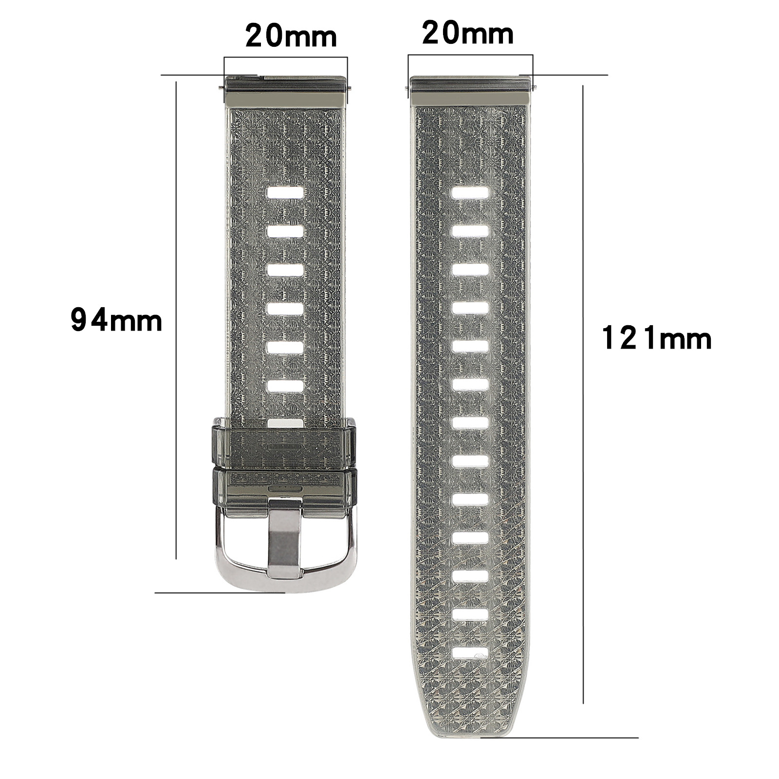 Zwei transparente, graue Uhrenarmbänder mit den angegebenen Abmessungen: 94 mm und 121 mm lang, 20 mm breit.