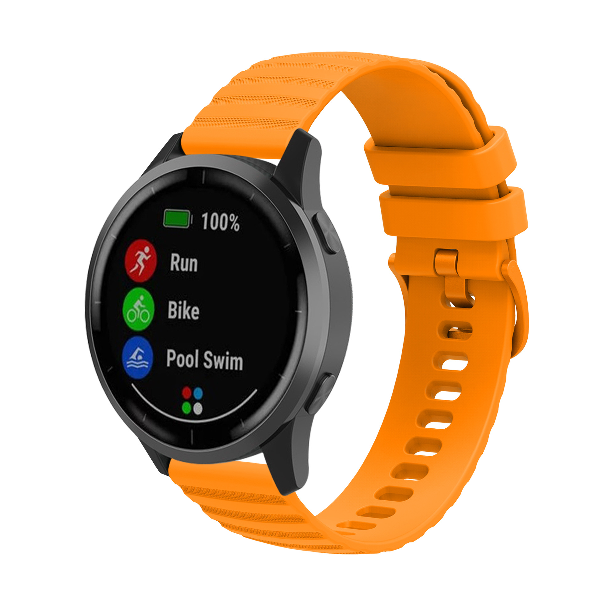 Orange Smartwatch mit schwarzer Lünette und drei App-Symbolen. Weißer Hintergrund.