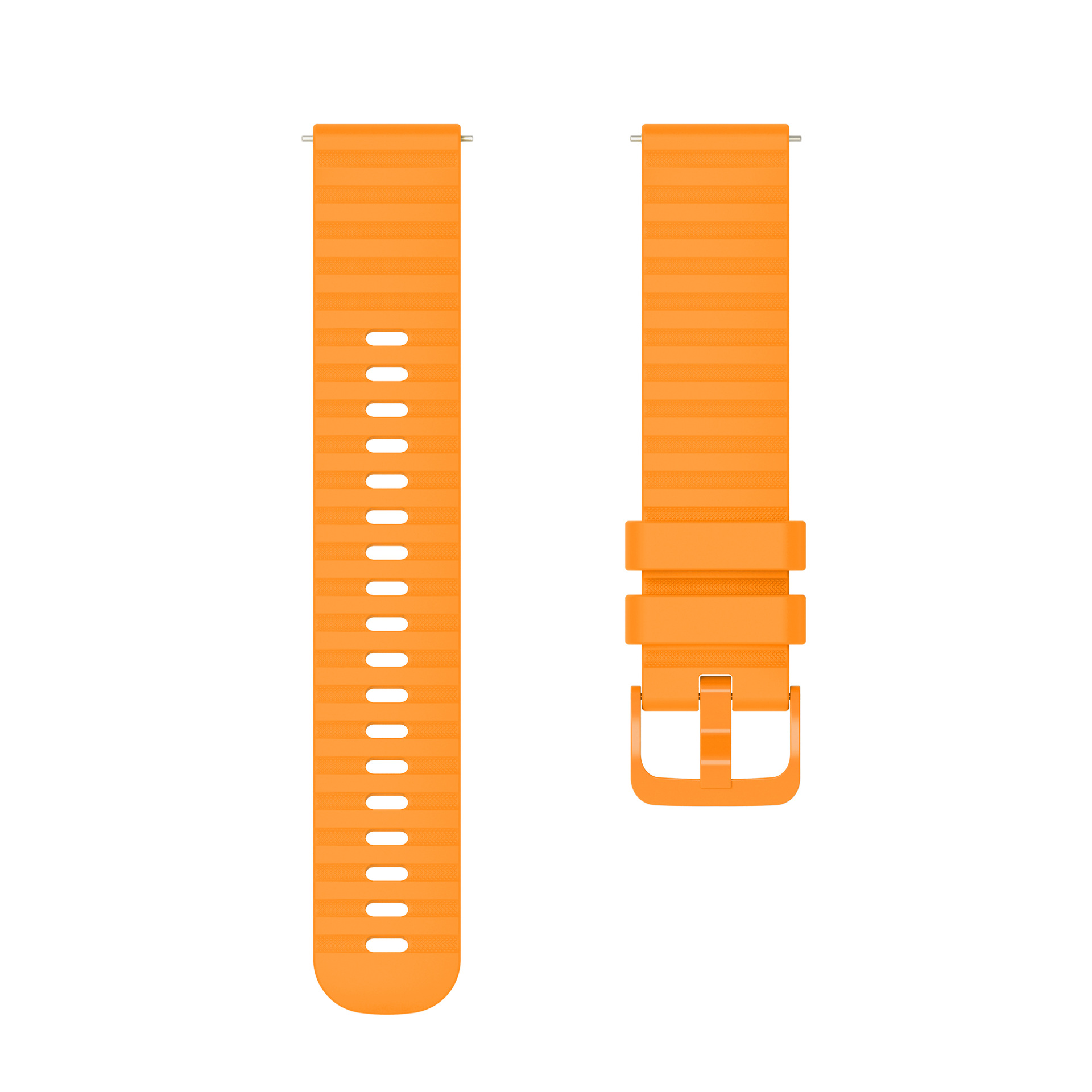 Oranges Uhrenarmband, zweiteilig. Eines mit Löchern, das andere mit Schnalle.