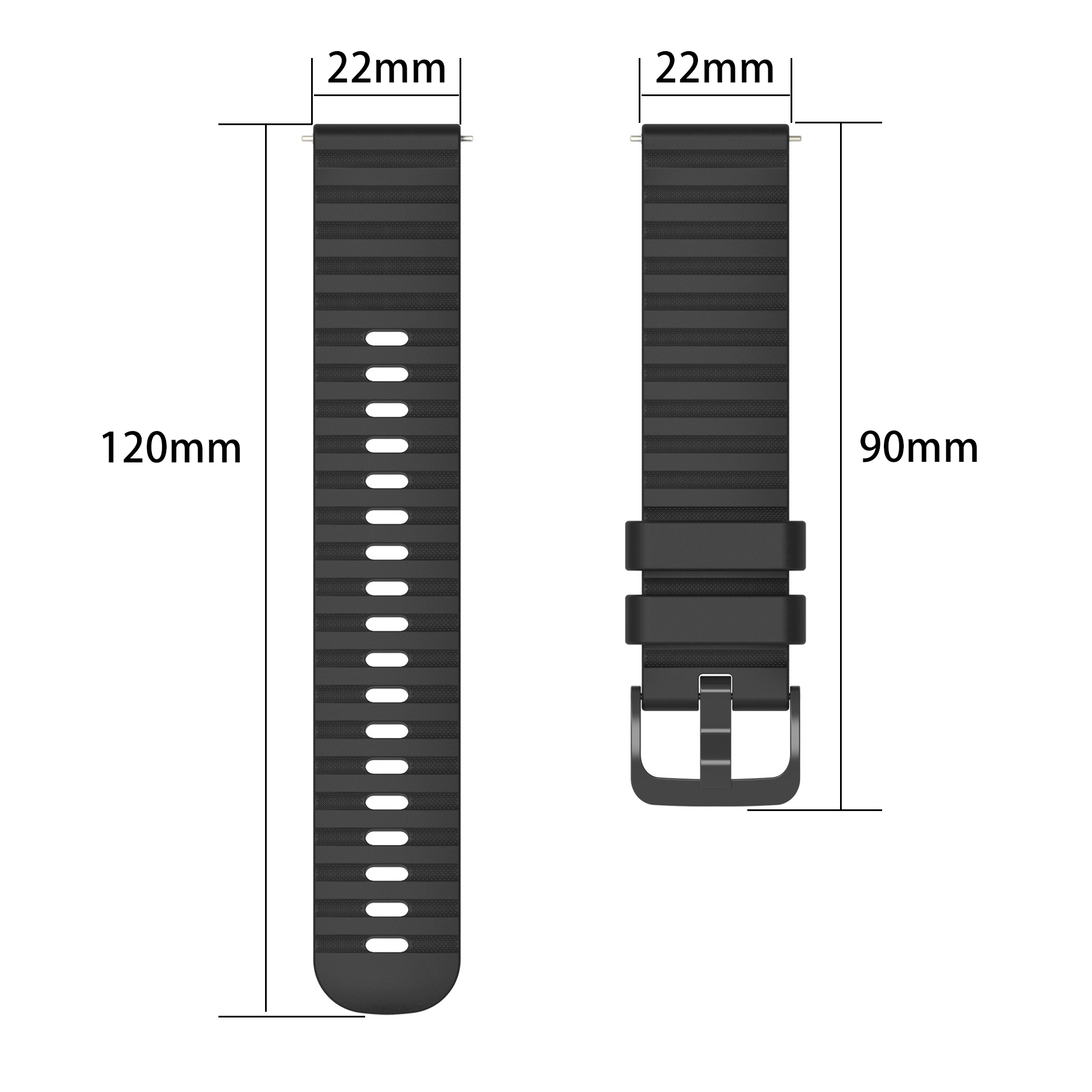 Zwei schwarze Armbänder mit Maßen. Ein Armband ist an einer Schnalle befestigt.