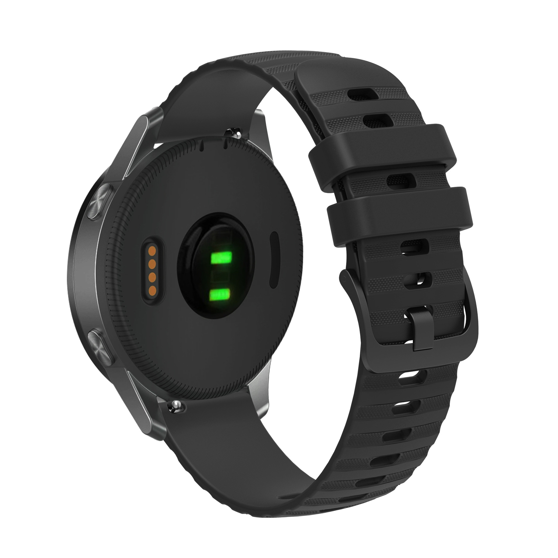 Die Rückseite einer schwarzen Smartwatch mit Herzfrequenzsensor und schwarzem Armband.