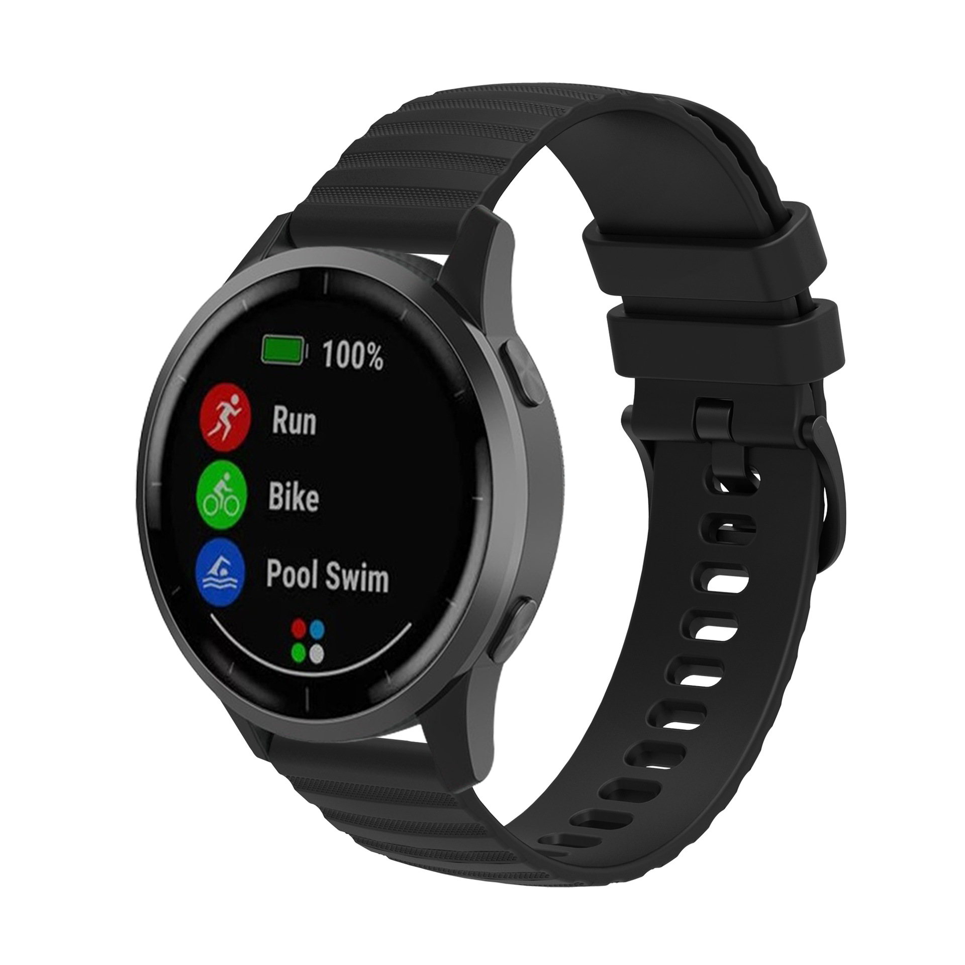 Schwarze Smartwatch mit schwarzem Armband. Der Bildschirm zeigt Symbole für Laufen, Radfahren und Schwimmen. Weißer Hintergrund.