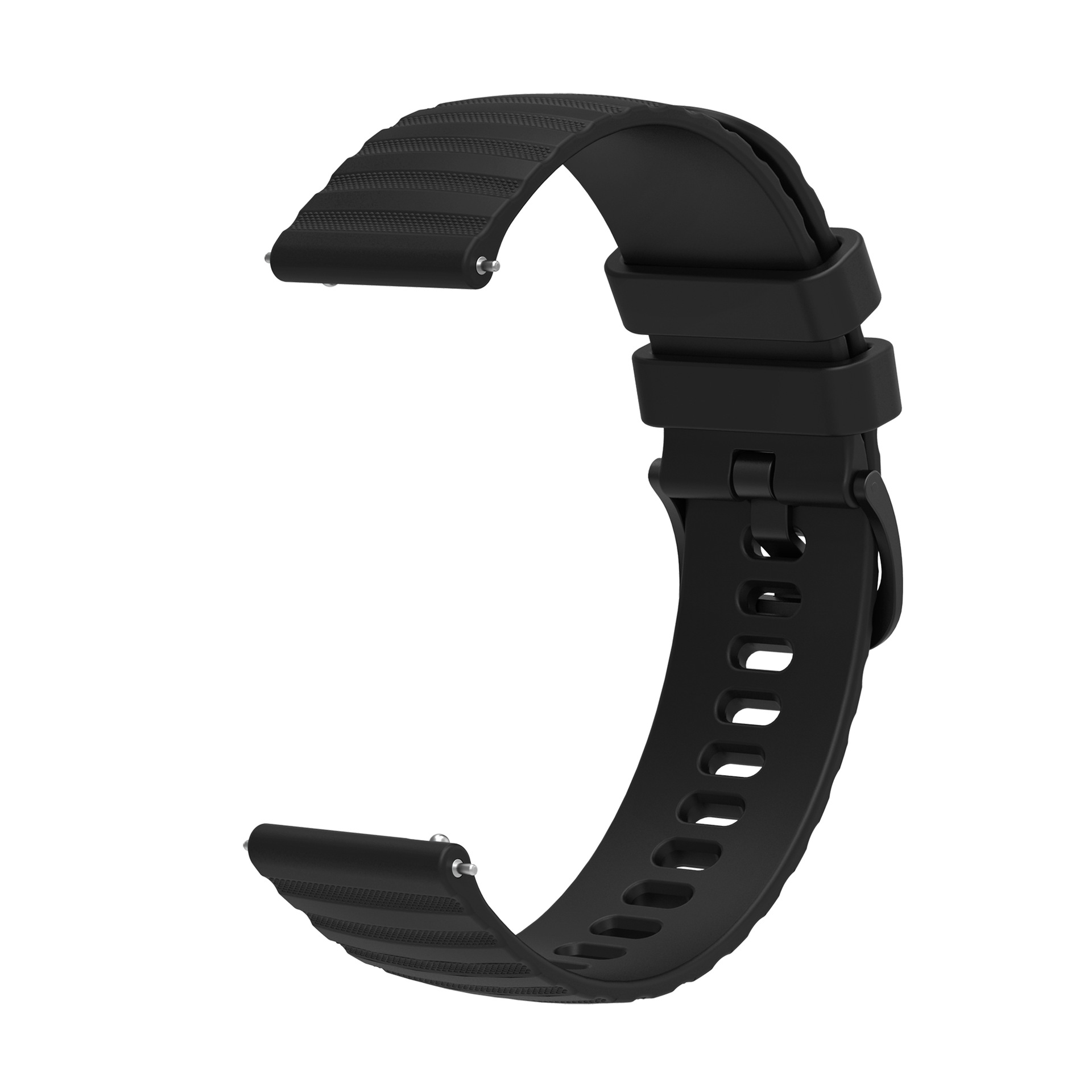 Schwarzes Uhrenarmband, gebogene Form, mit Löchern und gerippter Textur, isoliert auf weißem Hintergrund.