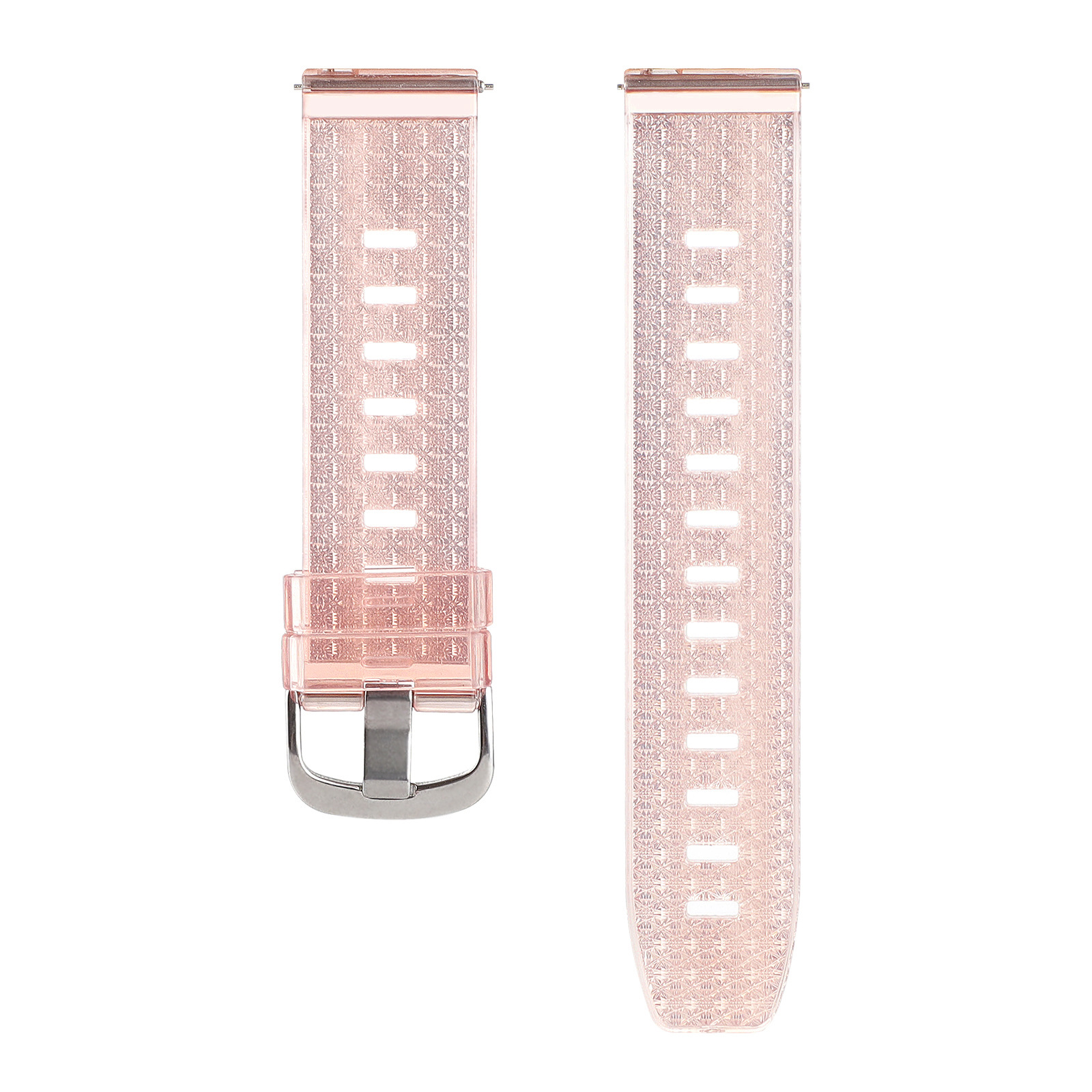 Rosafarbenes Uhrenarmband. Das Band hat ein strukturiertes Design. Die Schnalle ist silberfarben.