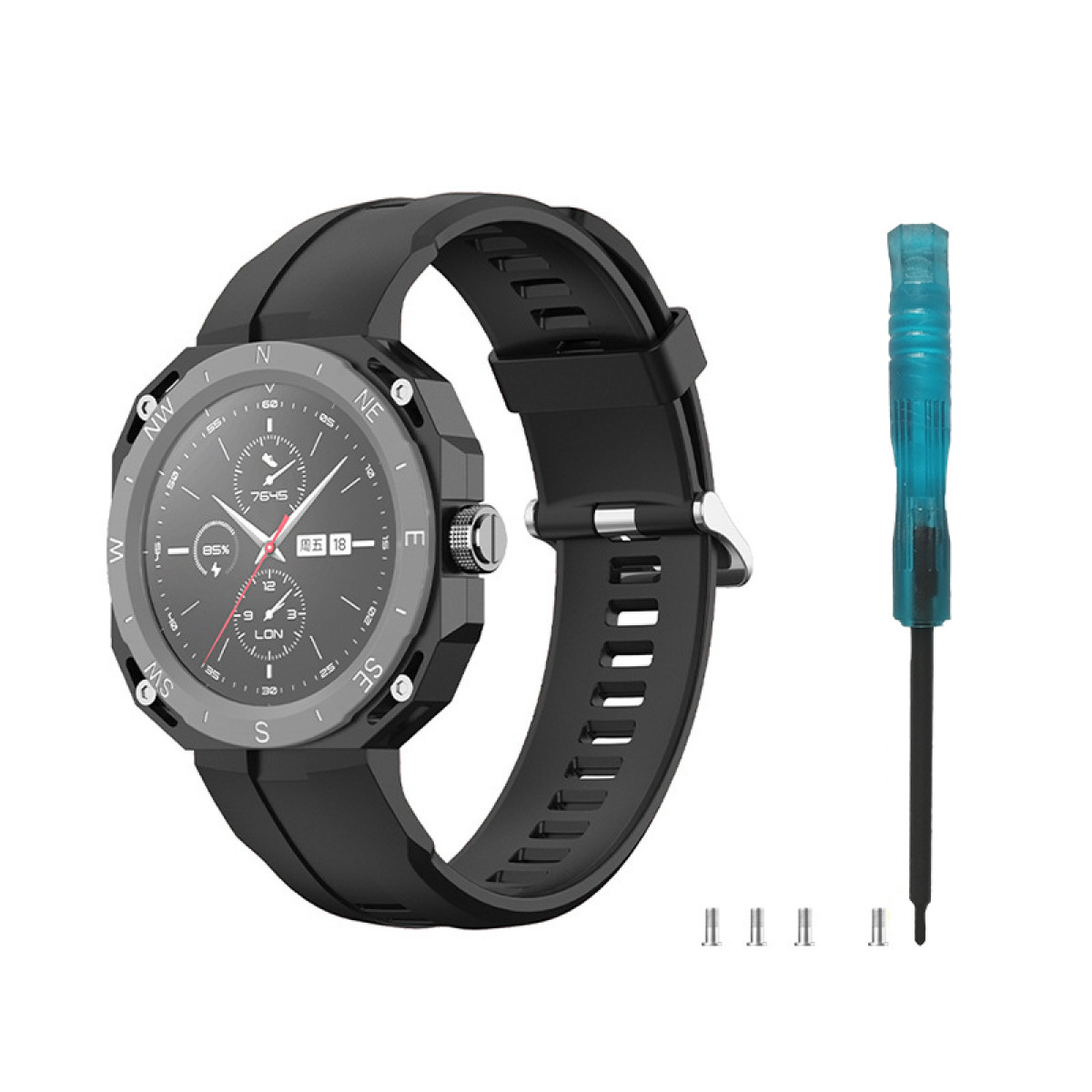 Smartwatch mit schwarzem Armband und Schraubendreher, auf weißem Grund.