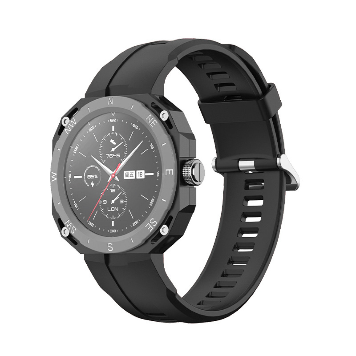 Eine schwarze und graue Smartwatch mit digitaler Anzeige. Sie hat ein schwarzes Armband und einen silbernen Knopf.