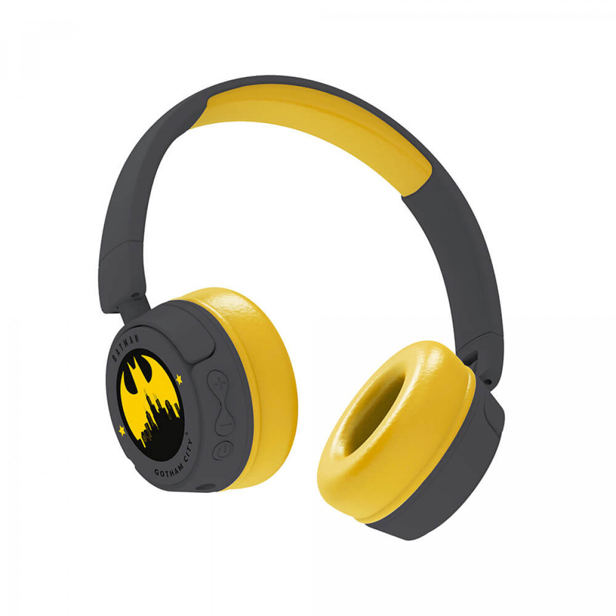 Batman-Kopfhörer, gelbe Ohrmuscheln und schwarz, mit Gotham City-Logo, auf weißem Hintergrund.