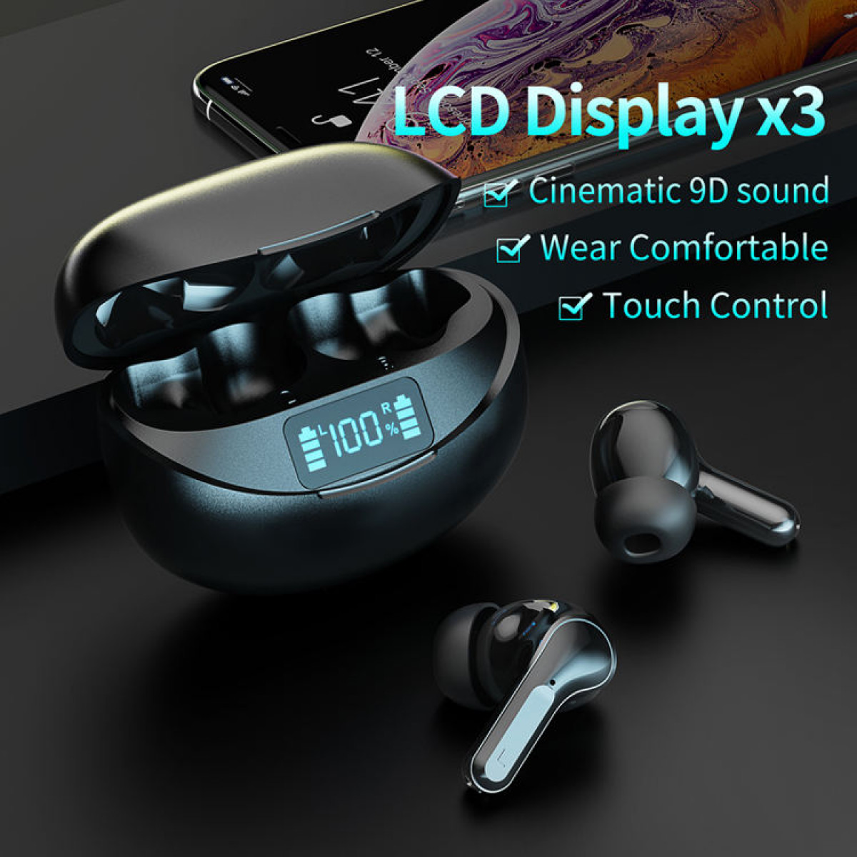 Schwarze Ohrhörer im Ladecase, mit Funktionen: LCD-Display, 9D-Sound, angenehmer Tragekomfort, Touch-Steuerung. Handy im Hintergrund.