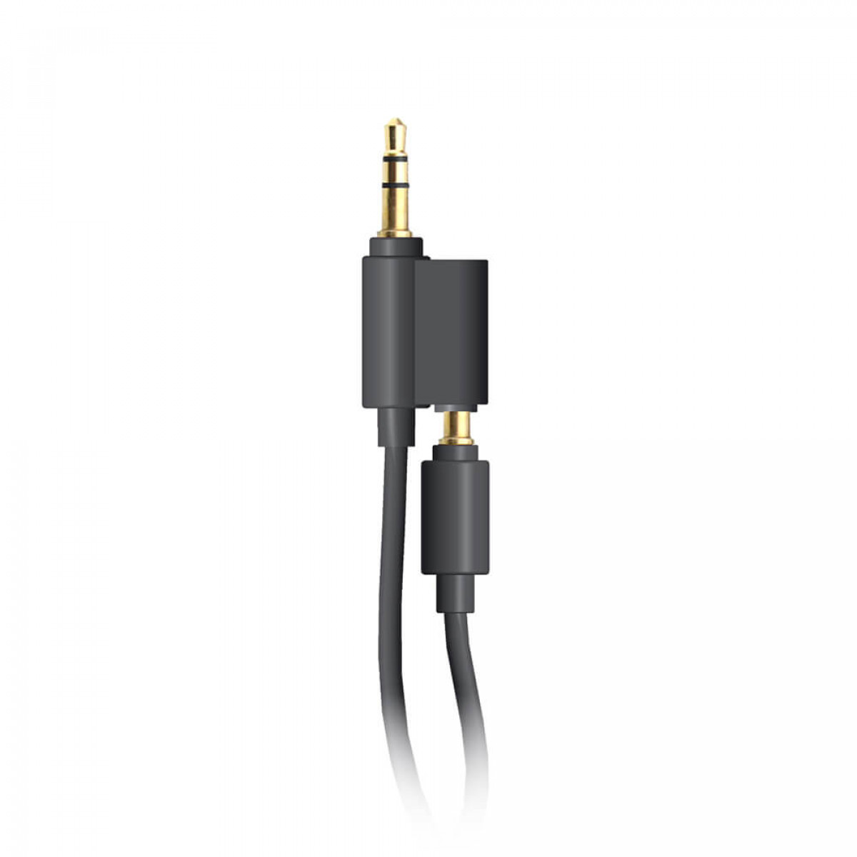 Schwarzes Audiokabel mit goldfarbenen Steckern. Das Kabel liegt auf weißem Grund mit Schatten.