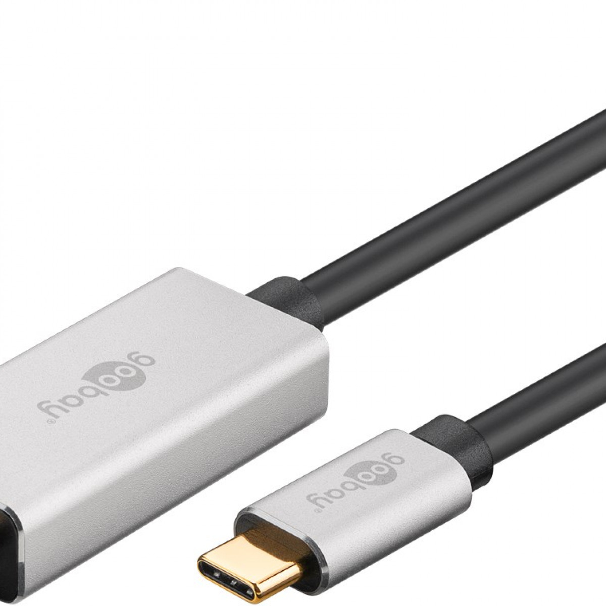Silbernes USB-C-zu-USB-C-Kabel mit 'goobay'-Marke. Schwarzes Kabel, goldener USB-C-Anschluss.