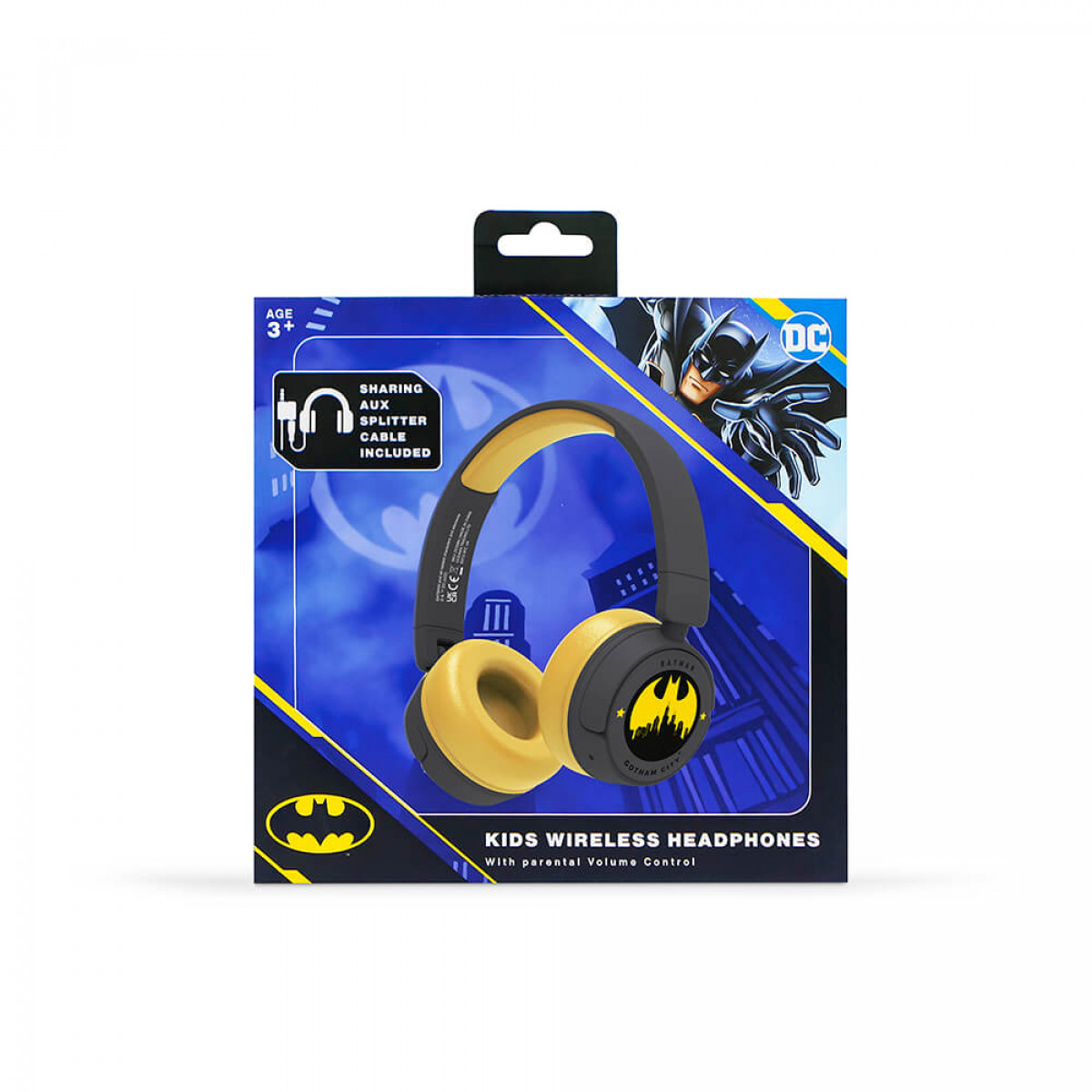 Batman Kinder-Wireless-Kopfhörer in einer Einzelhandelsverpackung mit Batman-Grafiken.