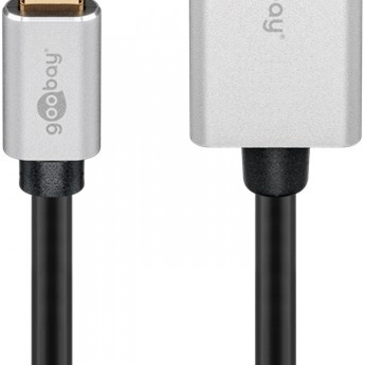 Zwei silberne USB-C-zu-USB-C-Kabel. Die Stecker haben ein silbernes Gehäuse und ein schwarzes Kabel.