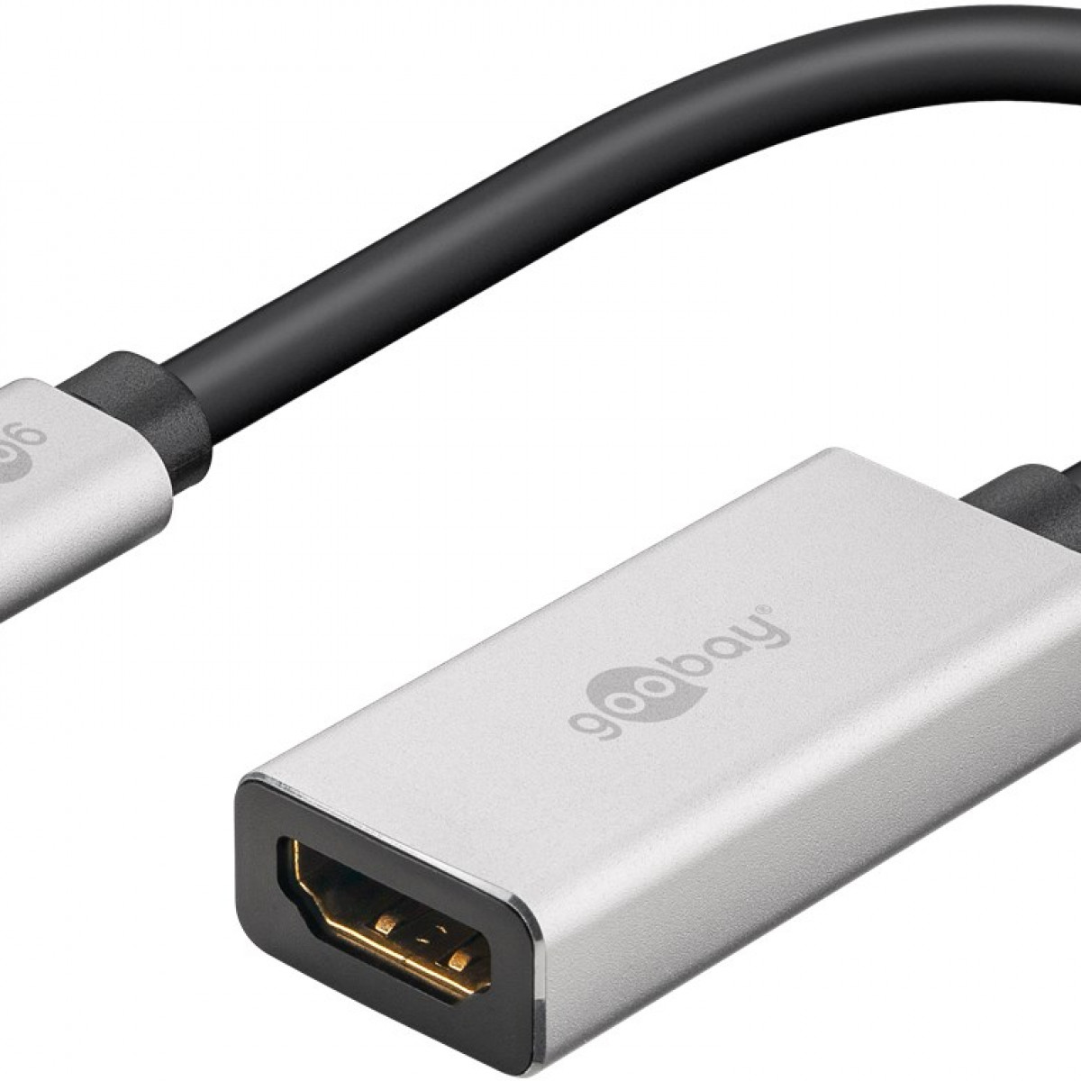 Silber-schwarzes Adapterkabel mit HDMI-Anschluss. Schwarzes Kabel und weißer Hintergrund.