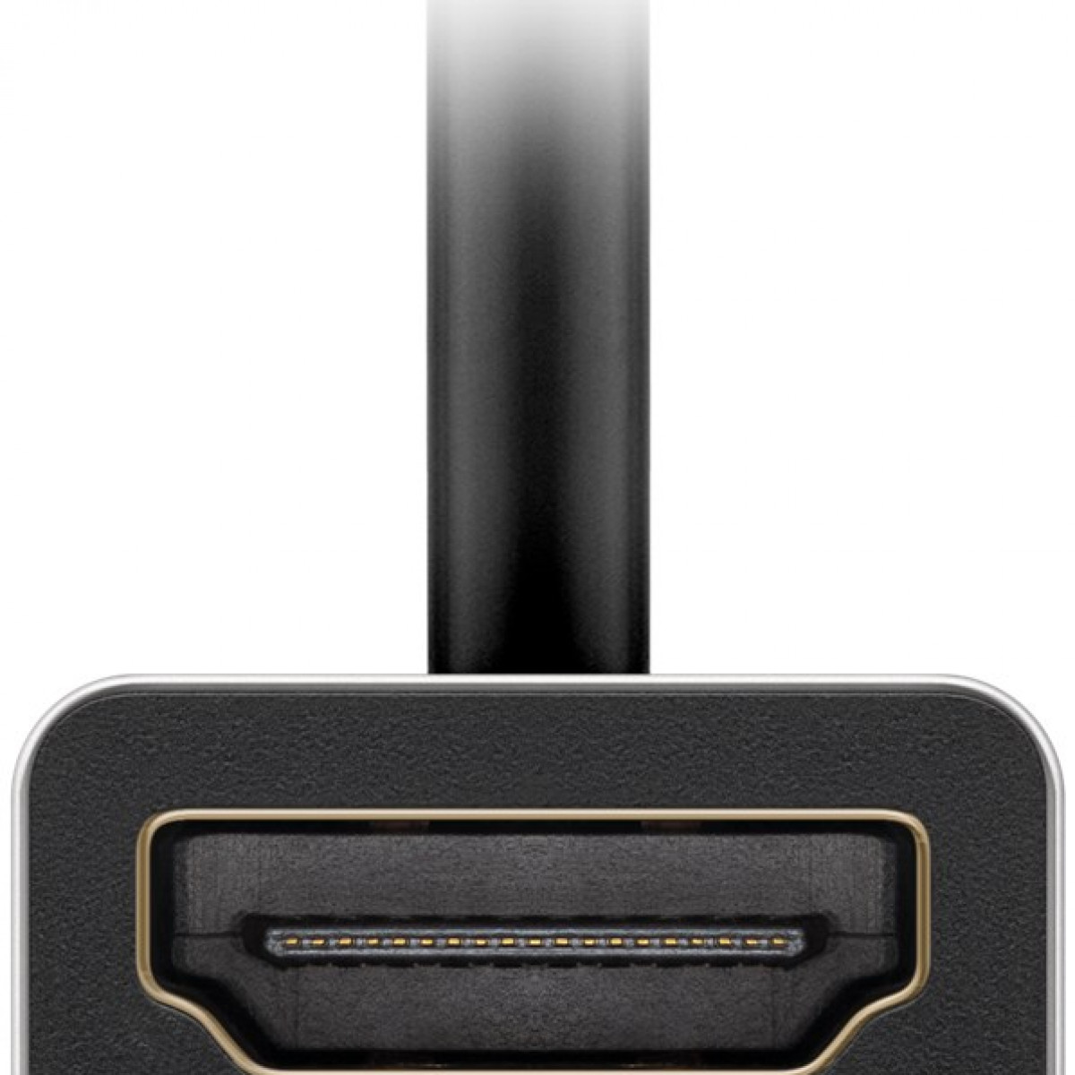 Nahaufnahme eines schwarzen HDMI-Steckers mit goldfarbenen Pins, an einem schwarzen Kabel befestigt.