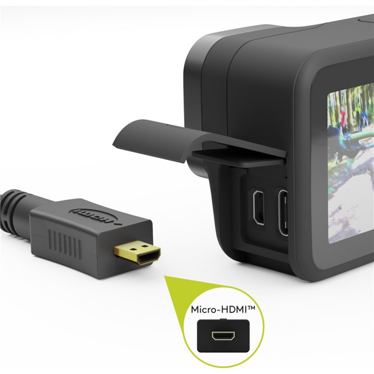Schwarze Kamera mit Micro-HDMI-Anschluss und gelbem Etikett.