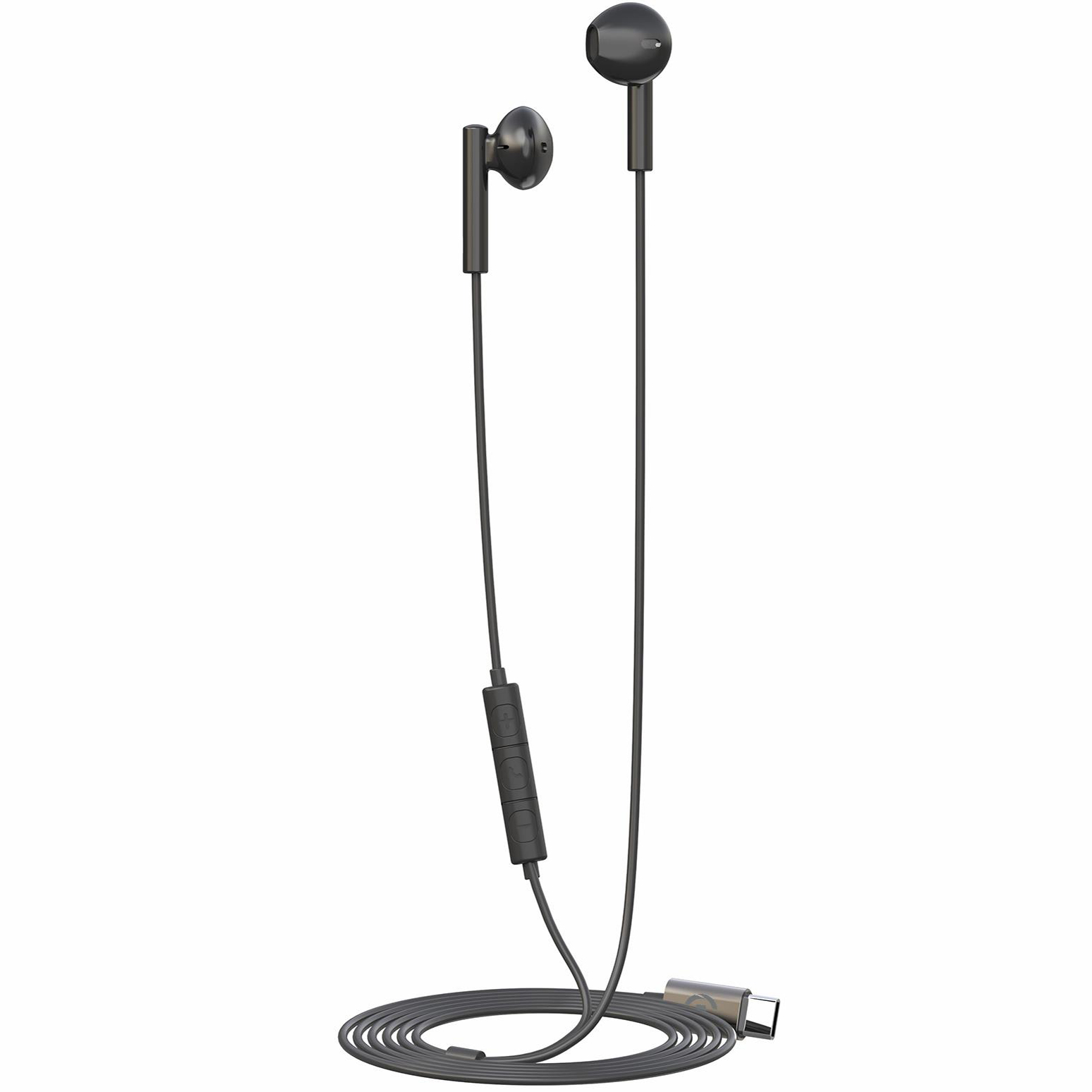 Auricolari neri con cavo, piccolo controllo e connettore USB-C.