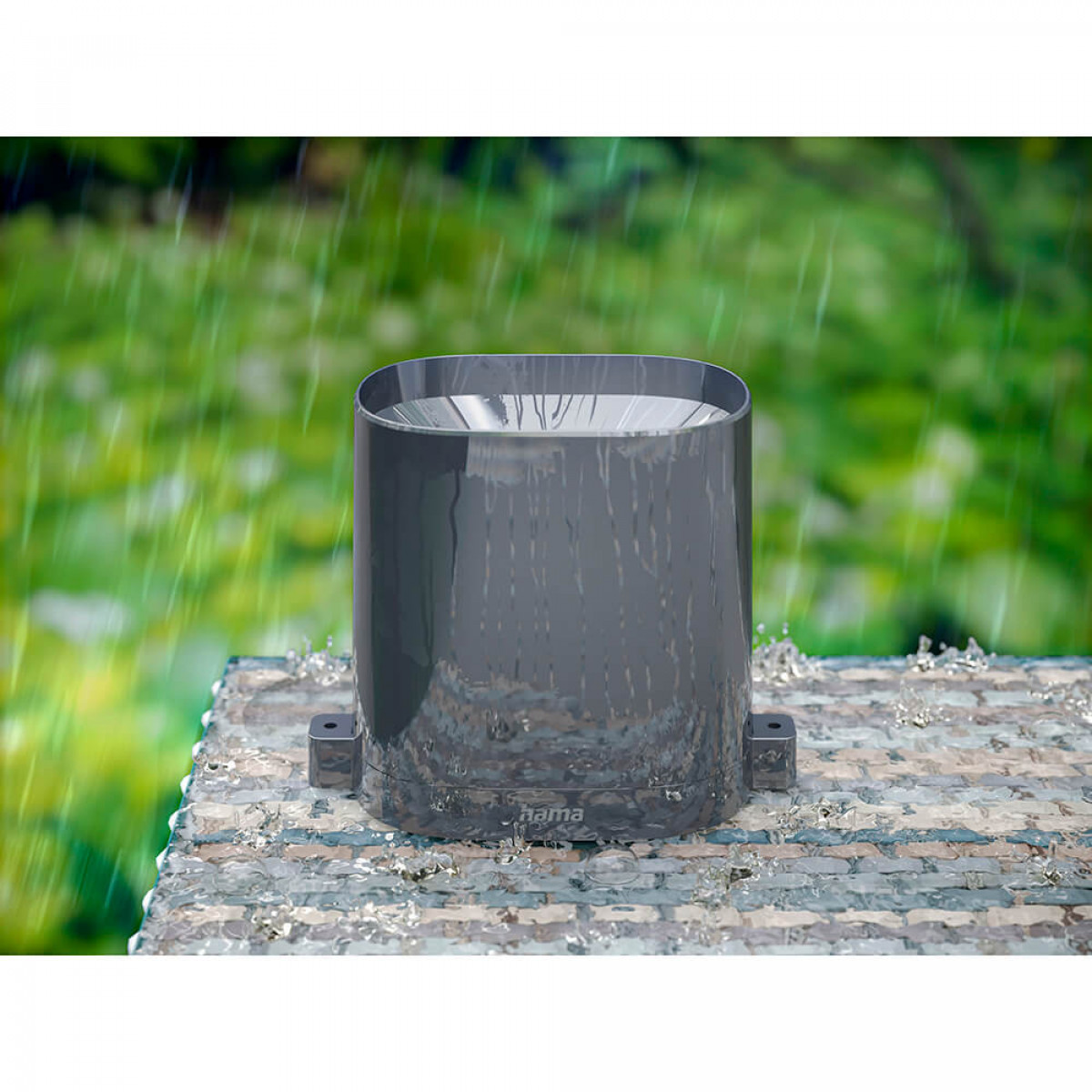 Szary deszczomierz na kamieniu, zielone tło.