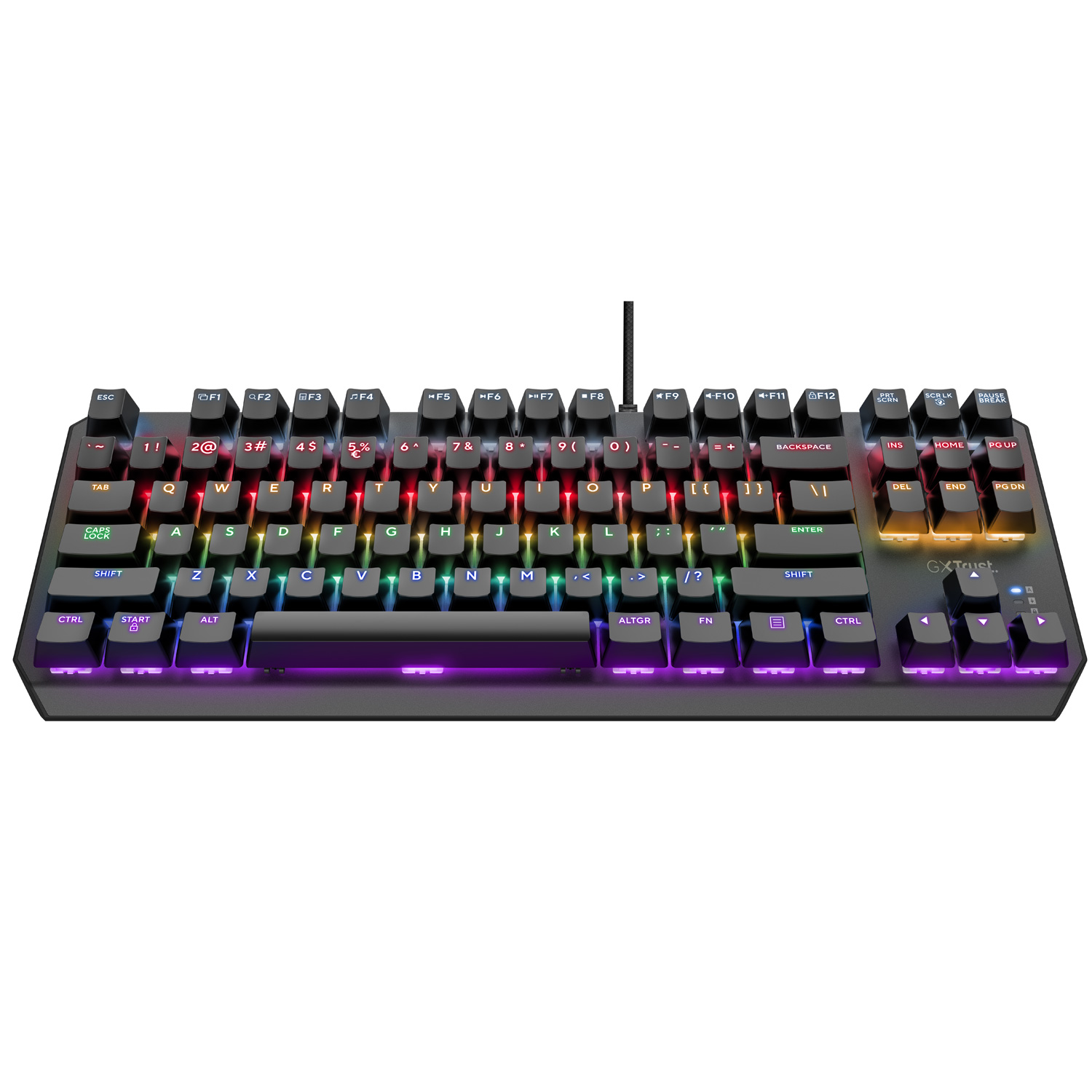 RGB-Gaming-Tastatur mit mehreren Farben. Schwarze Tasten. Weißer Hintergrund.