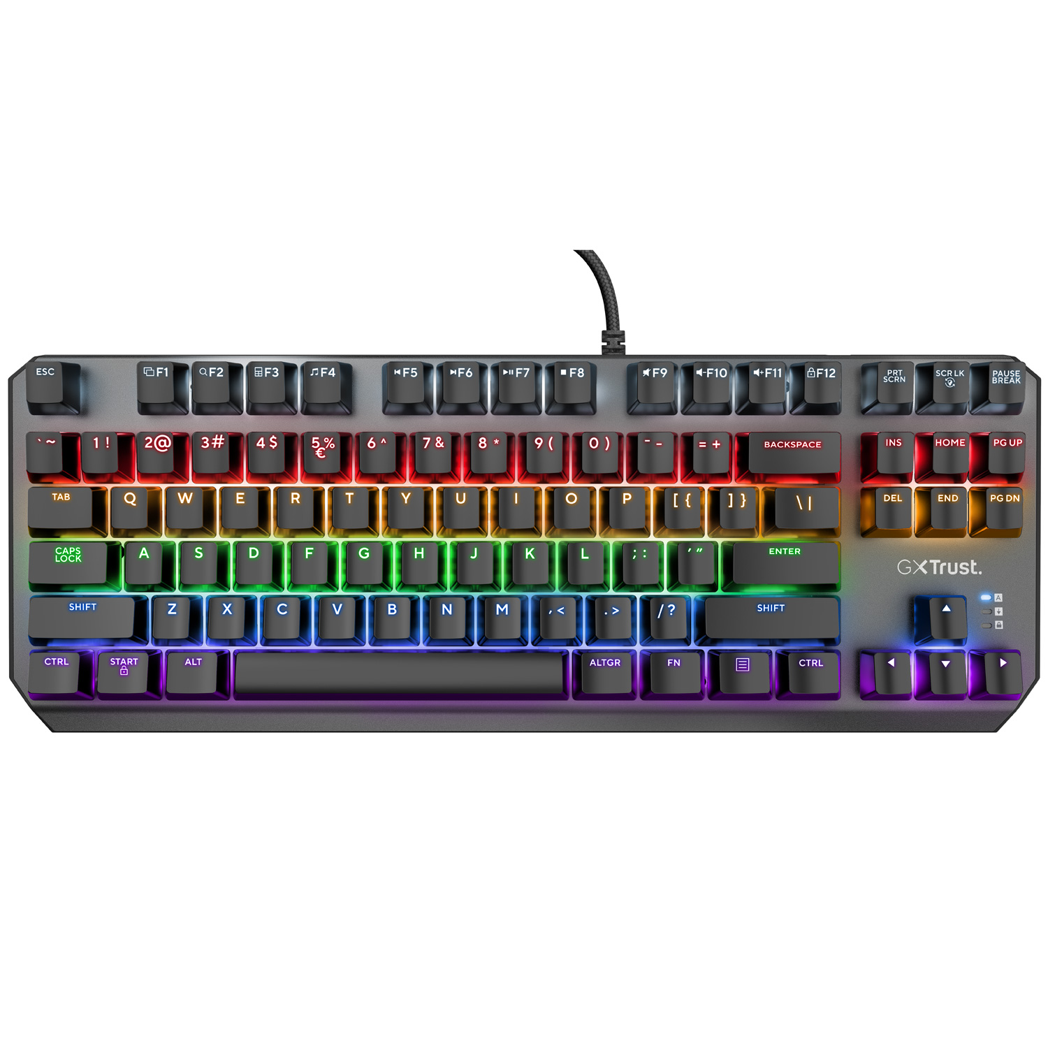 Eine farbenfrohe Tastatur mit beleuchteten Tasten. Sie hat ein Standardlayout und einen schwarzen Rahmen.