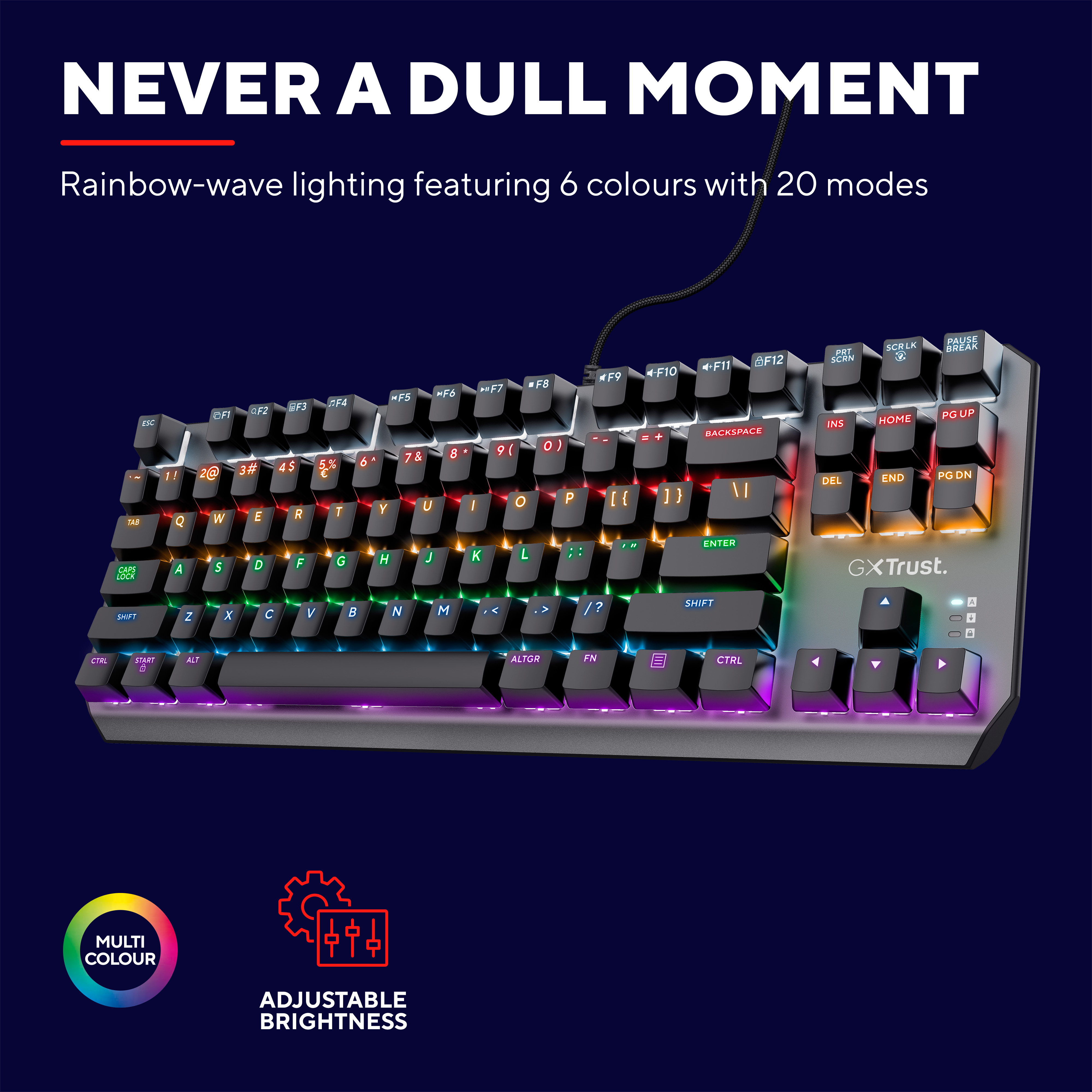 RGB-Tastatur mit Multicolor-Beleuchtung, schwarze Tasten. Einstellbare Helligkeit, blauer Hintergrund.