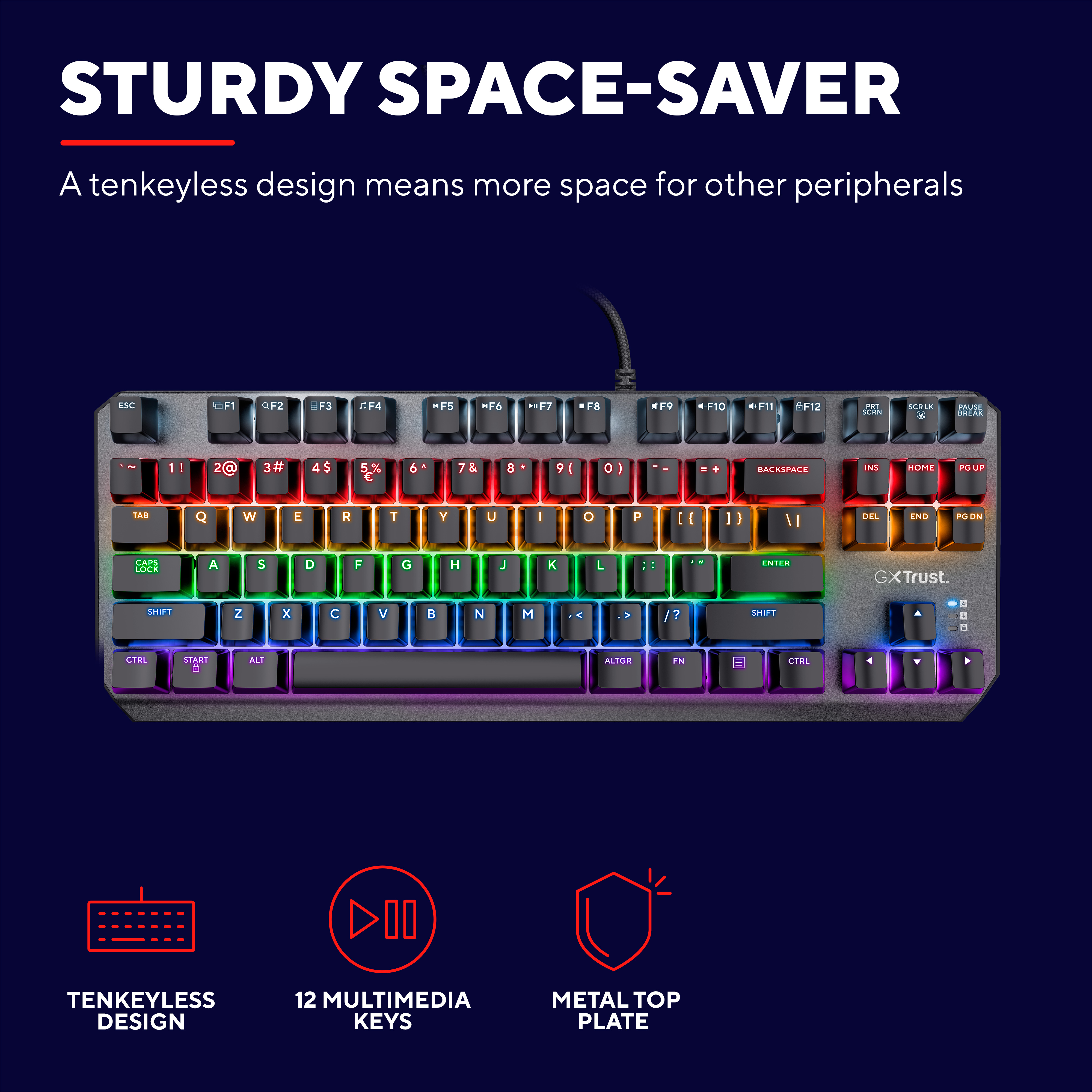 Eine tenkeyless Tastatur mit Regenbogenbeleuchtung. Sie hat Multimediatasten und eine Metallplatte.