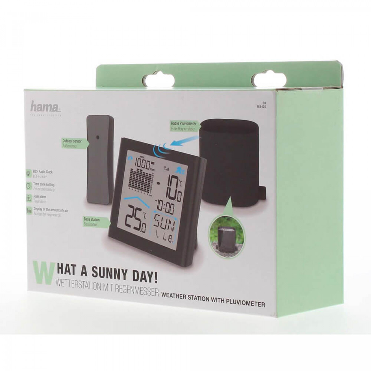 Pudełko stacji pogodowej z wyświetlaczem pokazującym temperaturę i napisem 'WHAT A SUNNY DAY!'