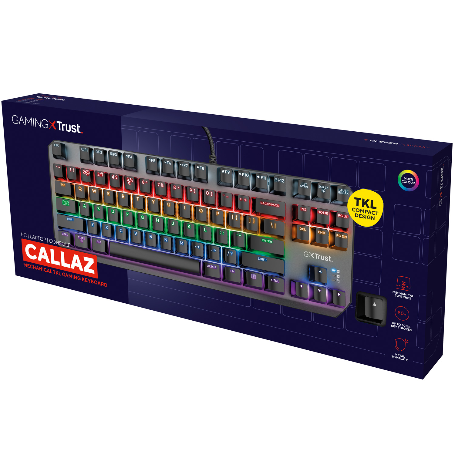 Eine Gaming-Tastatur-Box, die eine Tastatur mit regenbogenfarbenen Tasten zeigt.