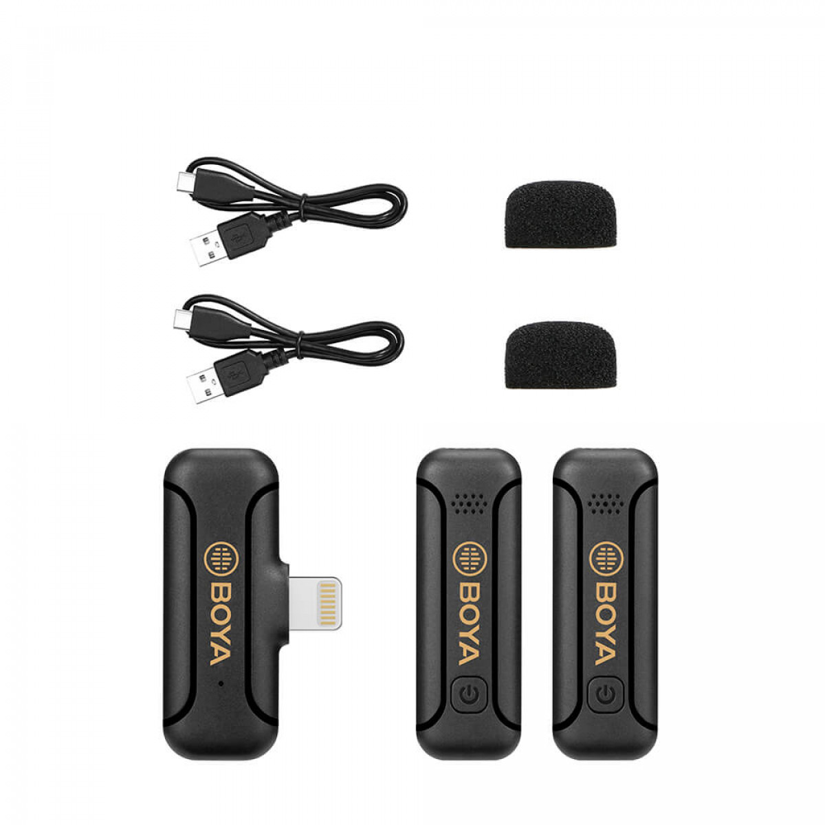 Juego de micrófonos inalámbricos negros con dos cables USB y dos protectores de viento de espuma.