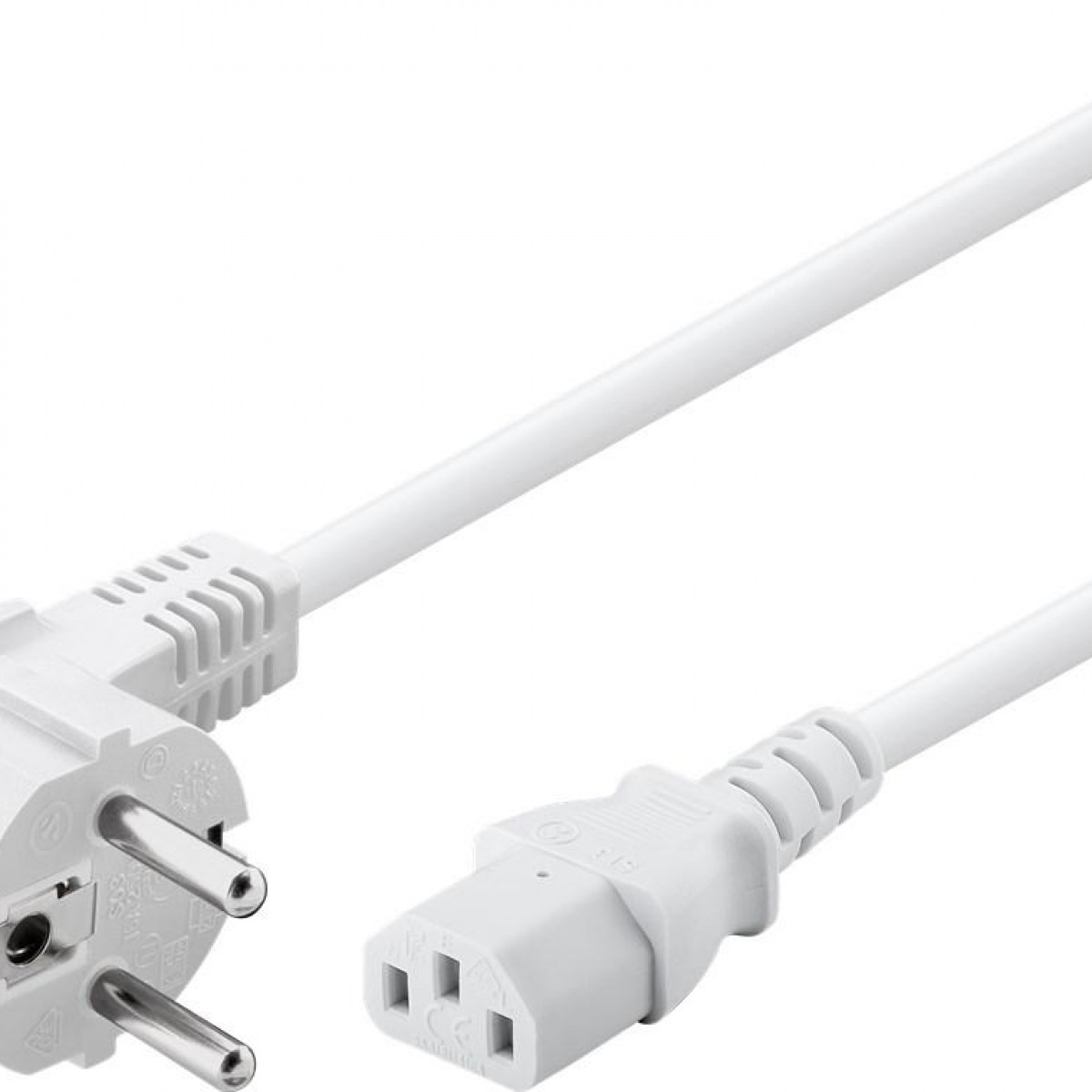 Biały kabel zasilający z wtyczką na jednym końcu i gniazdem na drugim, na białej powierzchni.