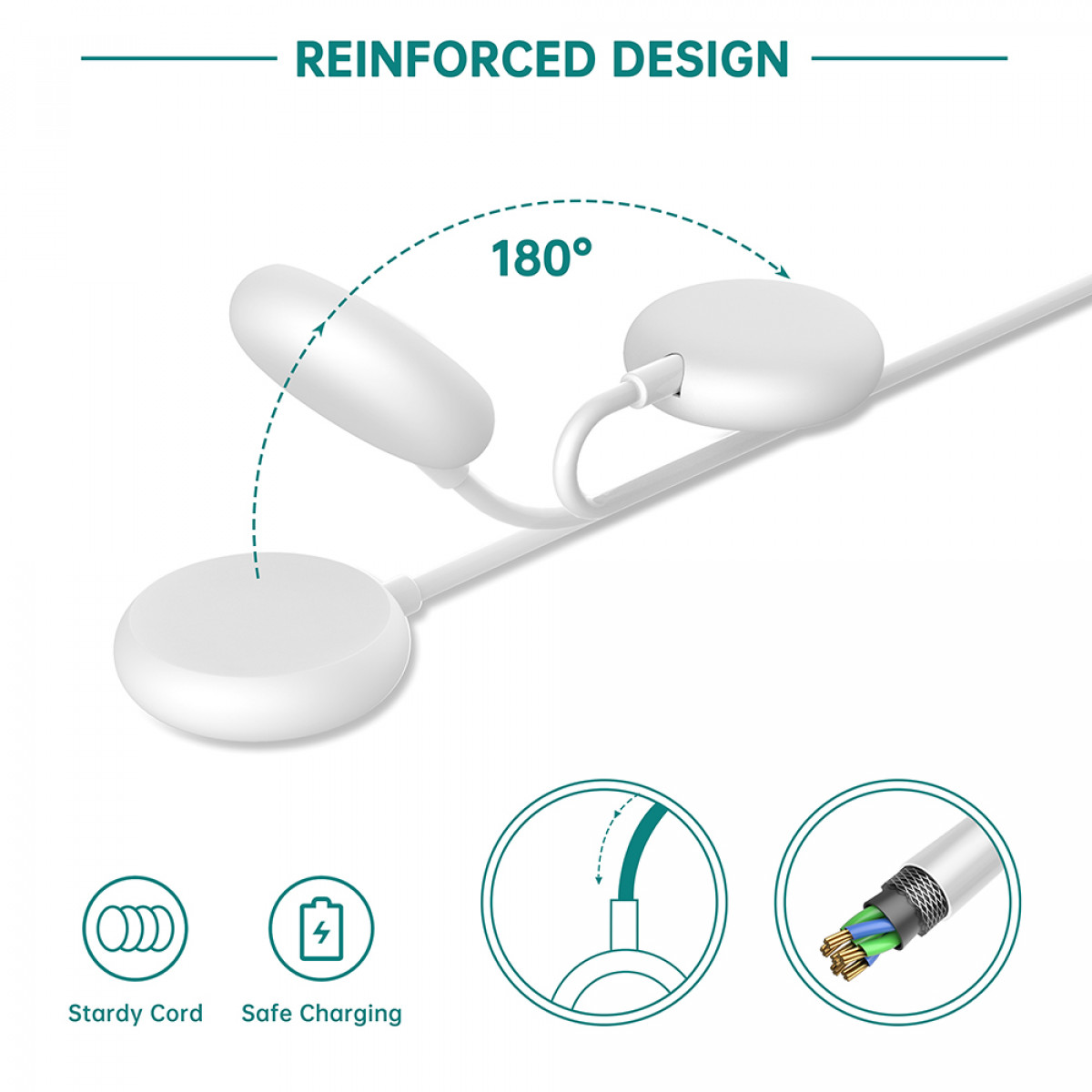 Weißes Ladekabel mit verstärktem Design, zeigt Symbole für Kabel und sicheres Laden.