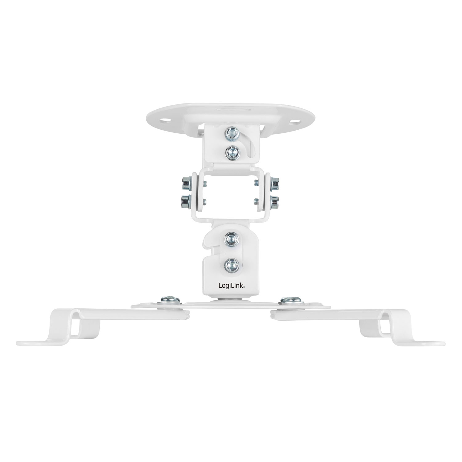 Biały uchwyt do projektora z różnymi regulowanymi częściami, na białym tle.