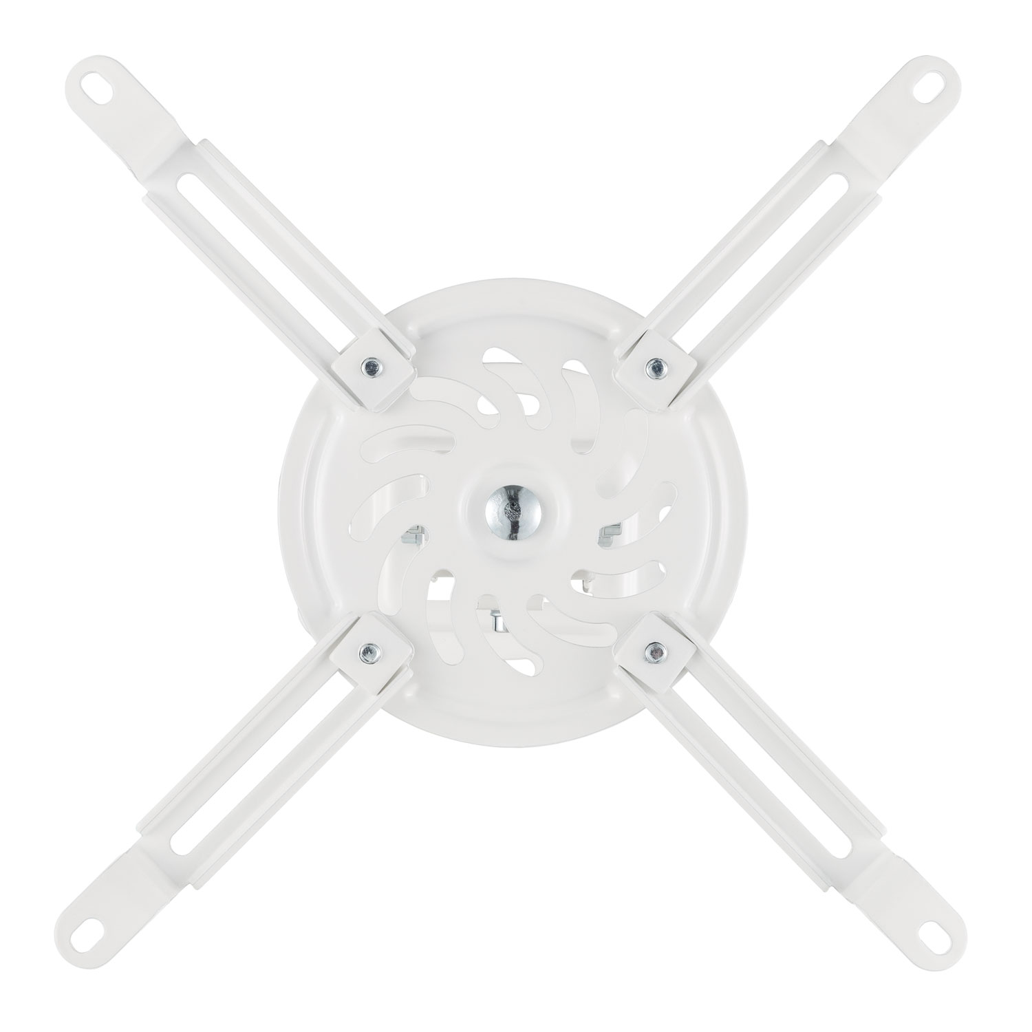 Biały uchwyt do projektora. Posiada cztery ramiona w kształcie litery X, wyśrodkowane okręgiem.
