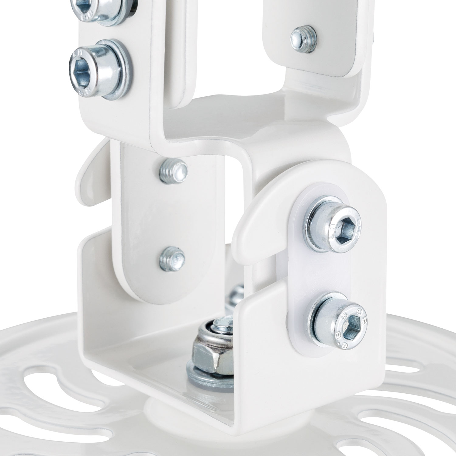 Biały uchwyt do projektora. Metalowe wsporniki i elementy mocujące. Zbliżenie, pokazujące śruby i szczegóły.