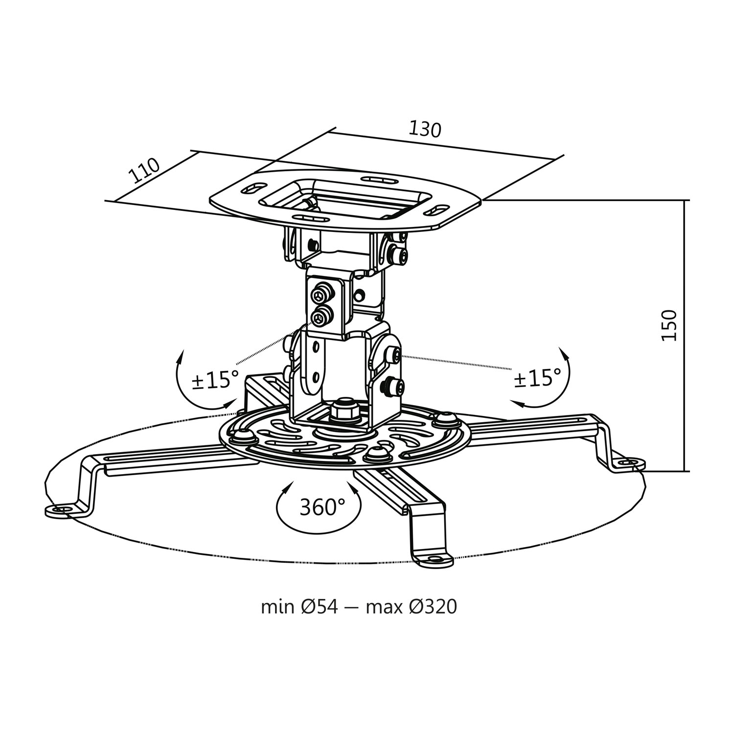Uchwyt do projektora z wymiarami i kątami, wysokość 150 mm, obrót 360 stopni, białe tło.