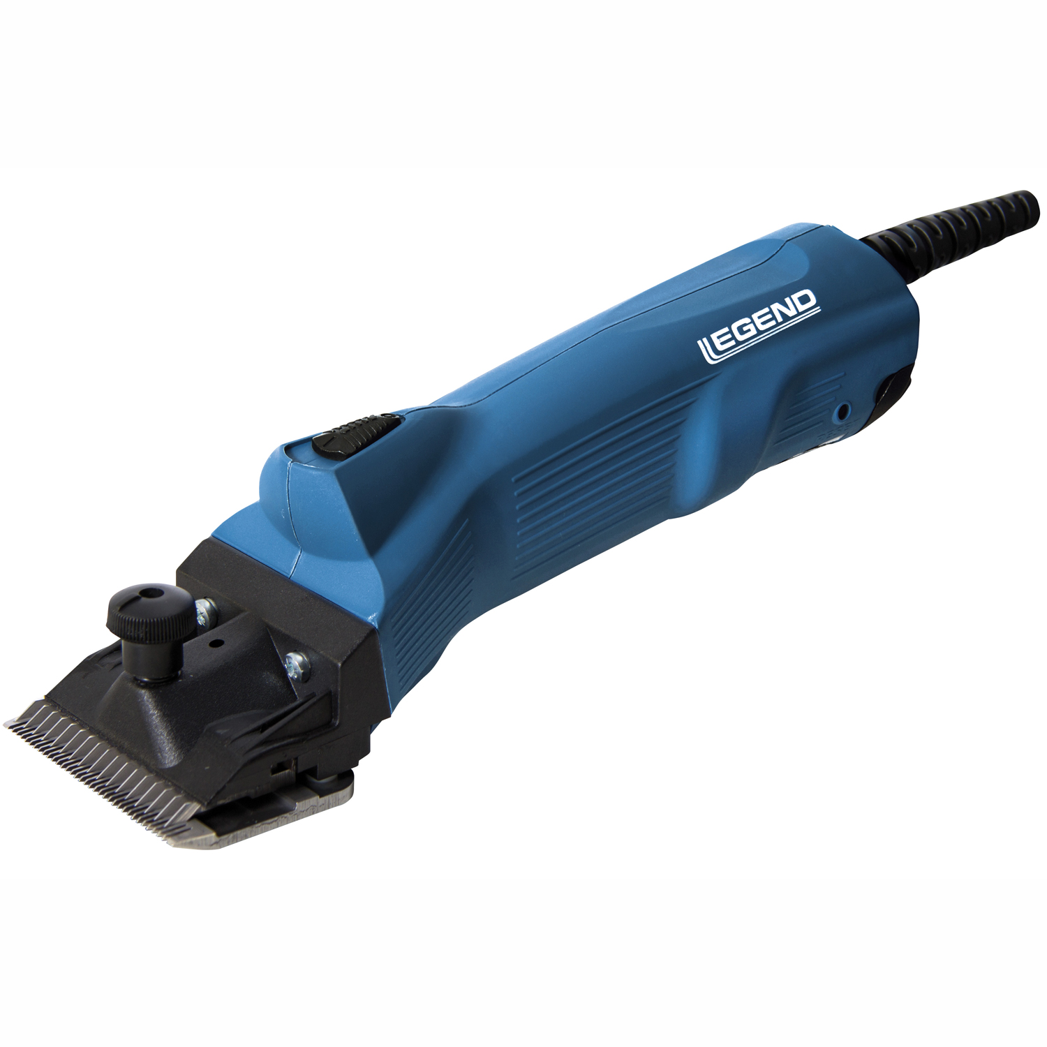 Blaue und schwarze elektrische Haarschneidemaschine mit dem Markennamen Legend. Weißer Hintergrund.