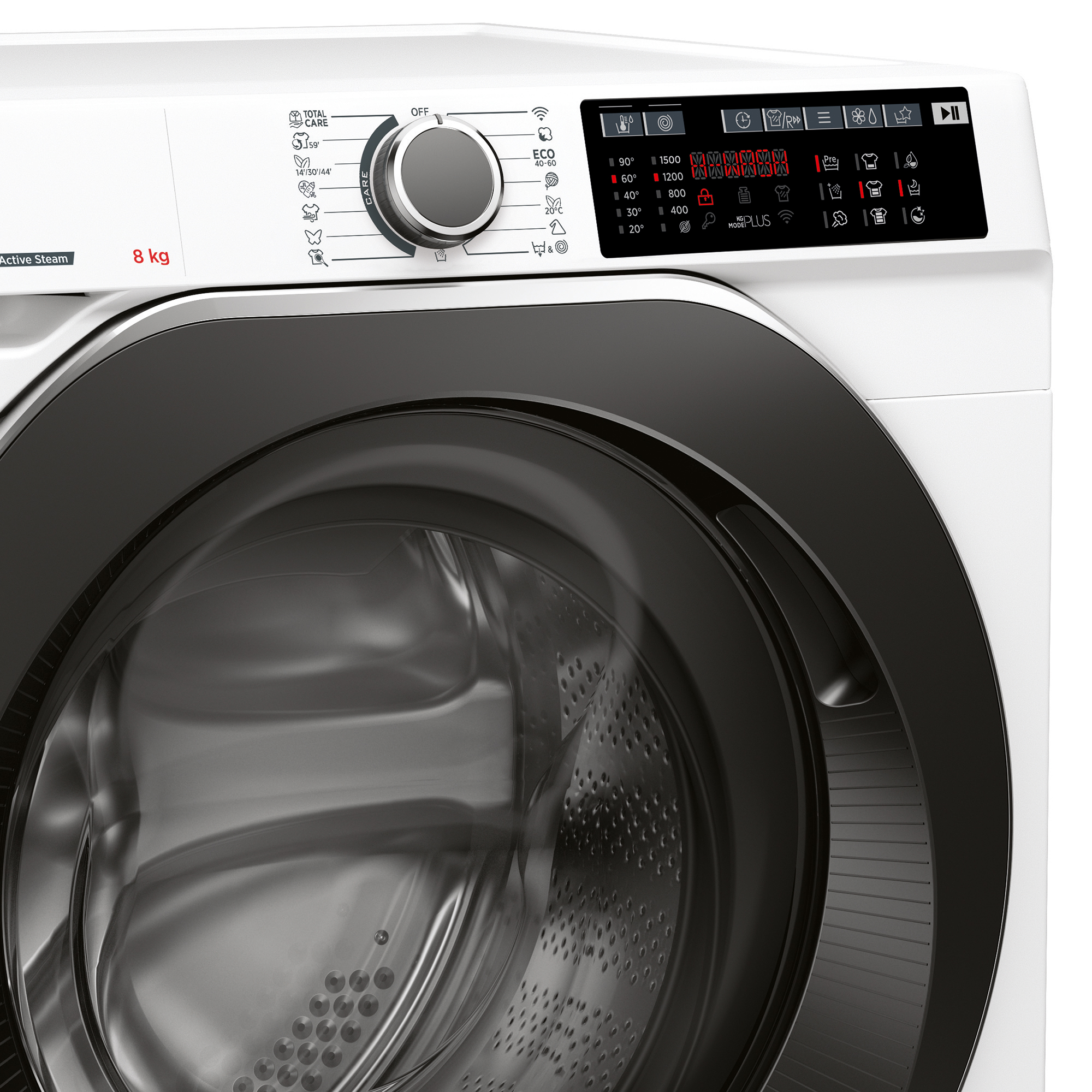 Weiße Waschmaschine, Nahaufnahme des Bedienfelds. Schwarze Akzente. Weißer Hintergrund.