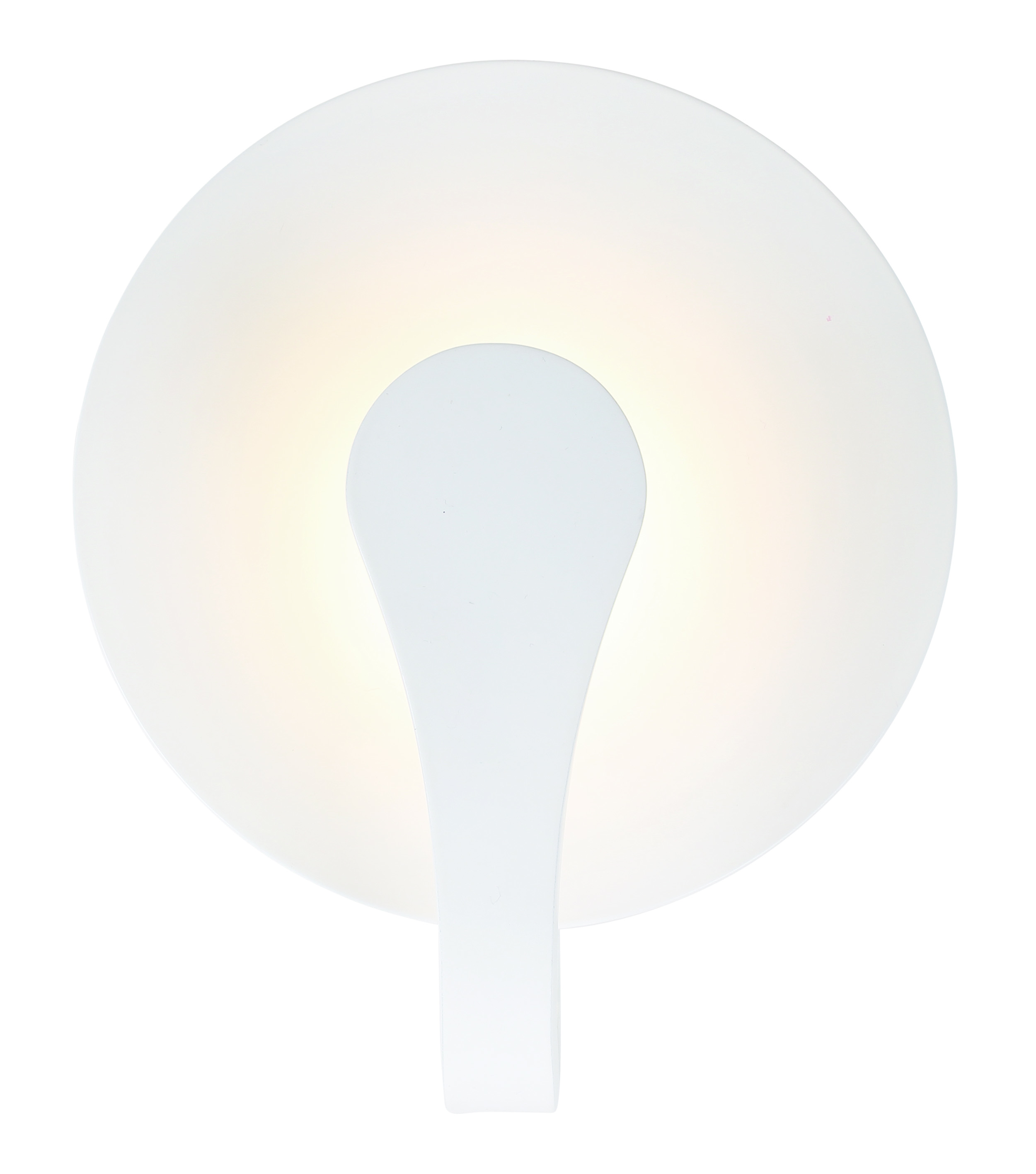 Weiße, runde, an der Wand montierte LED-Lampe mit weißem Stiel und hellem Licht.
