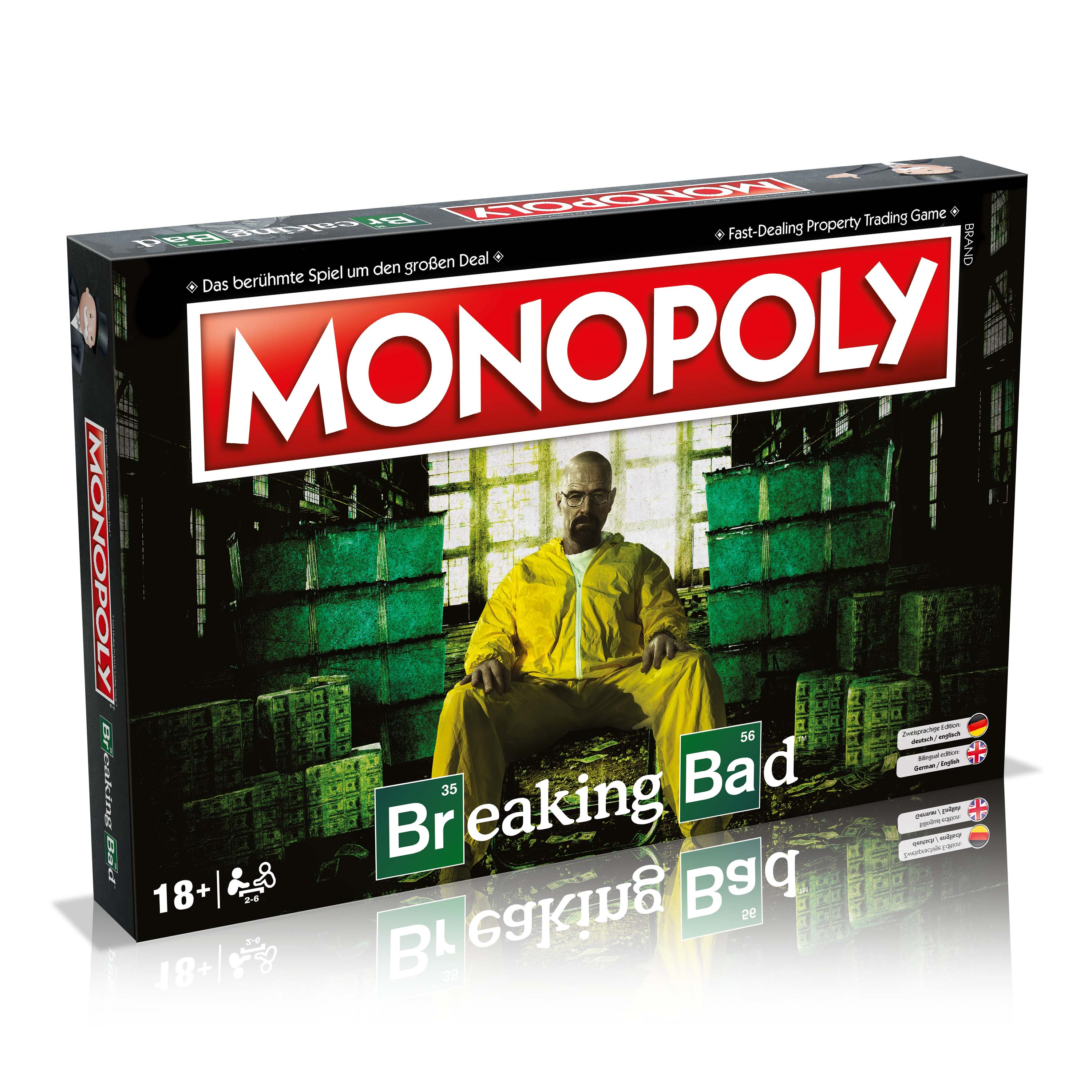 Monopoly: Breaking Bad Brettspielbox, mit einem Mann in gelbem Anzug. Grüne Geldstapel.